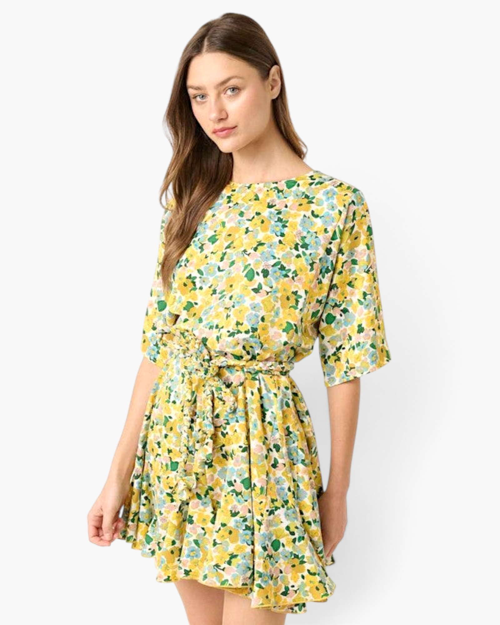 Beach Rose Co. yellow floral mini dress with elbow-length sleeves and a braided waist tie on a model