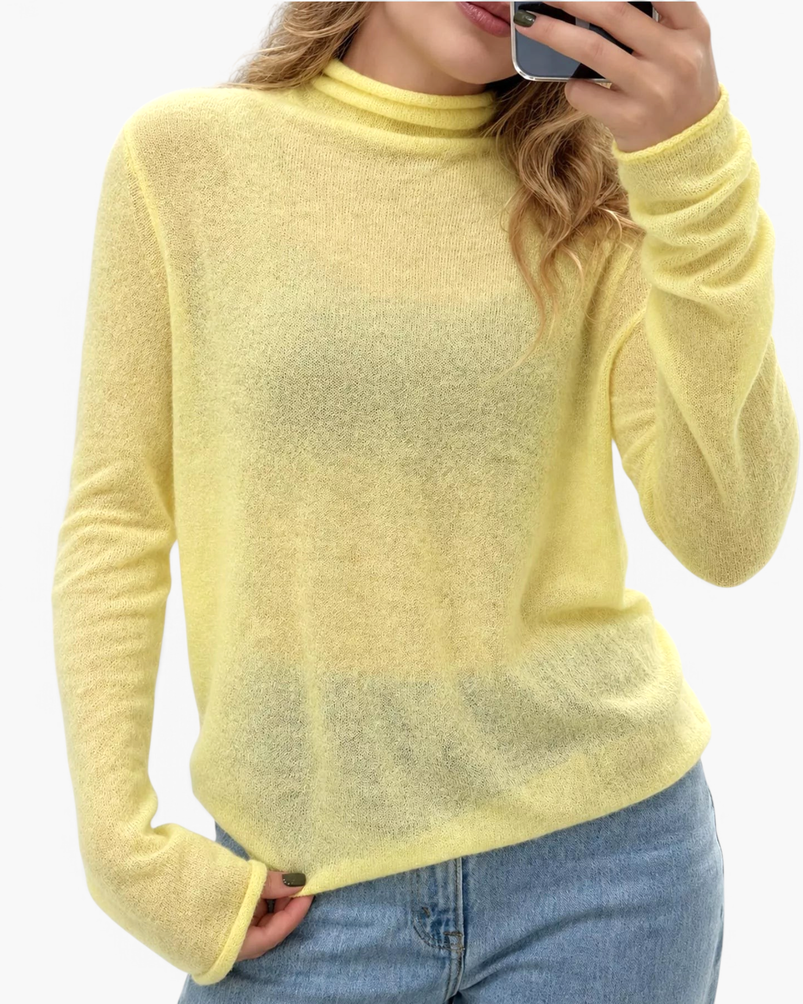 Beach Rose Co. yellow fine knit long sleeve turtleneck sweater with a soft fold-over collar and ribbed hem.