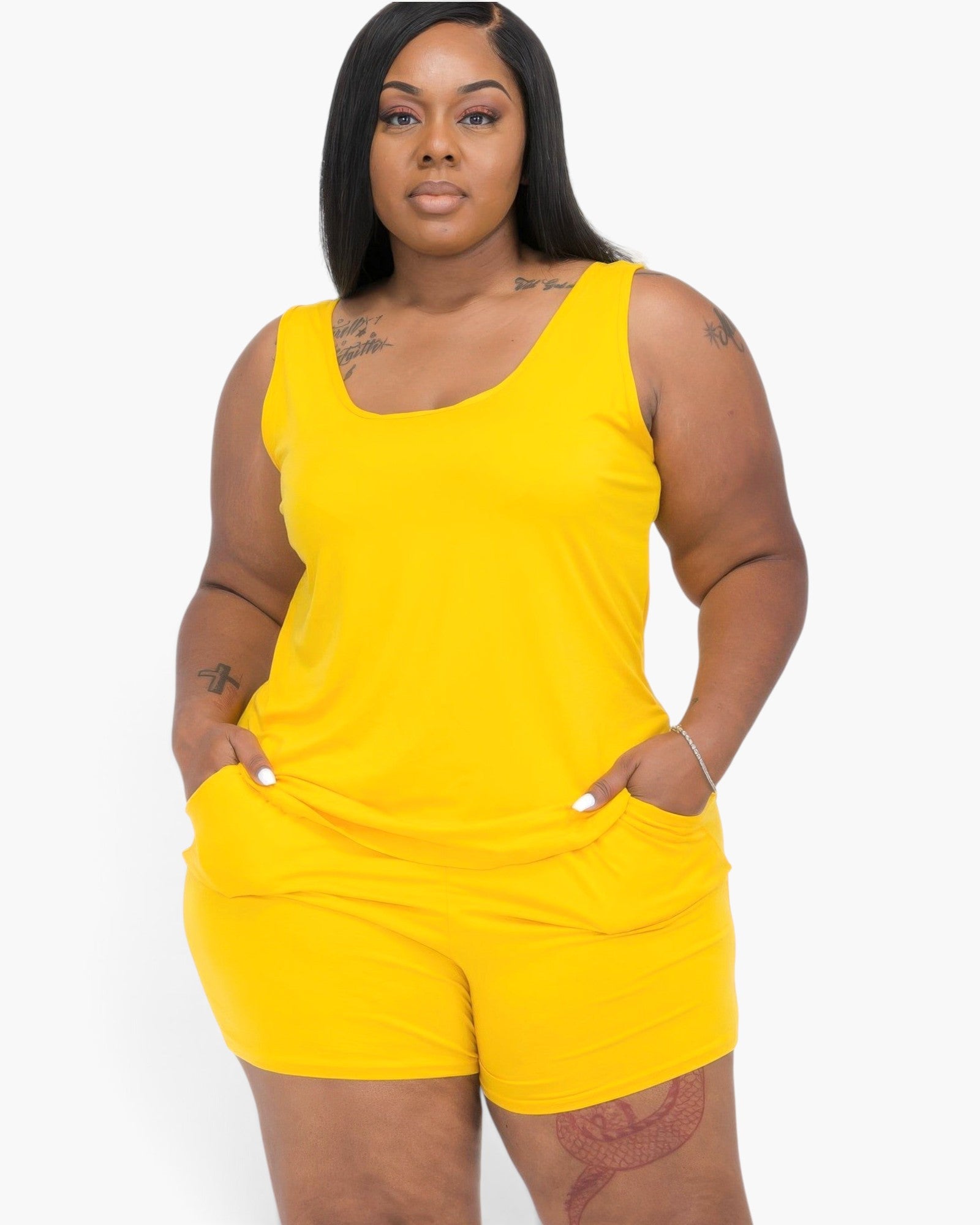 Beach Rose Co. plus size yellow tank top and shorts lounge set in soft stretch jersey fabric on a model.