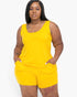 Beach Rose Co. plus size yellow tank top and shorts lounge set in soft stretch jersey fabric on a model.