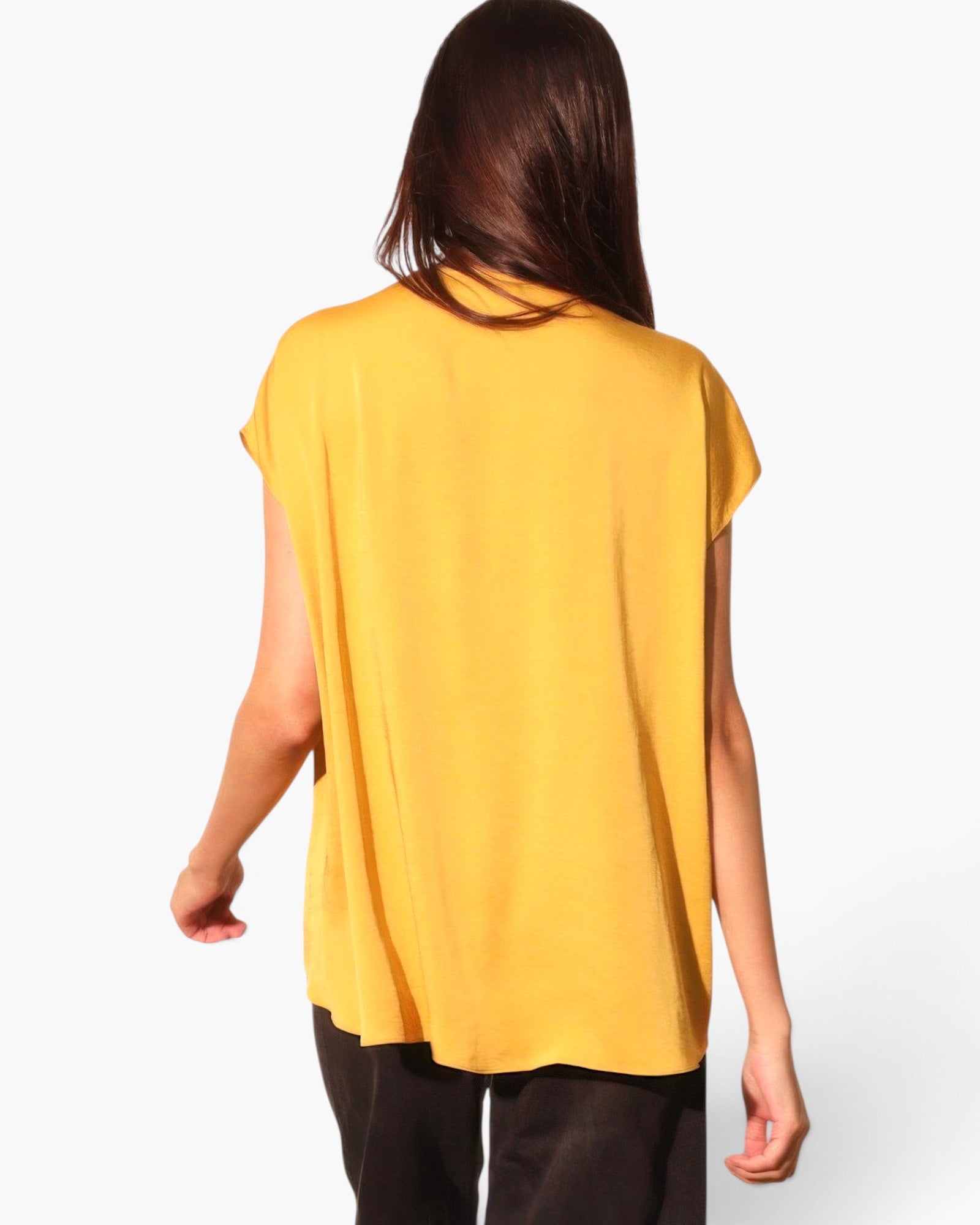 Beach Rose Co. yellow washed poly silk tulip tunic top with a relaxed fit and fluid drape viewed from the back