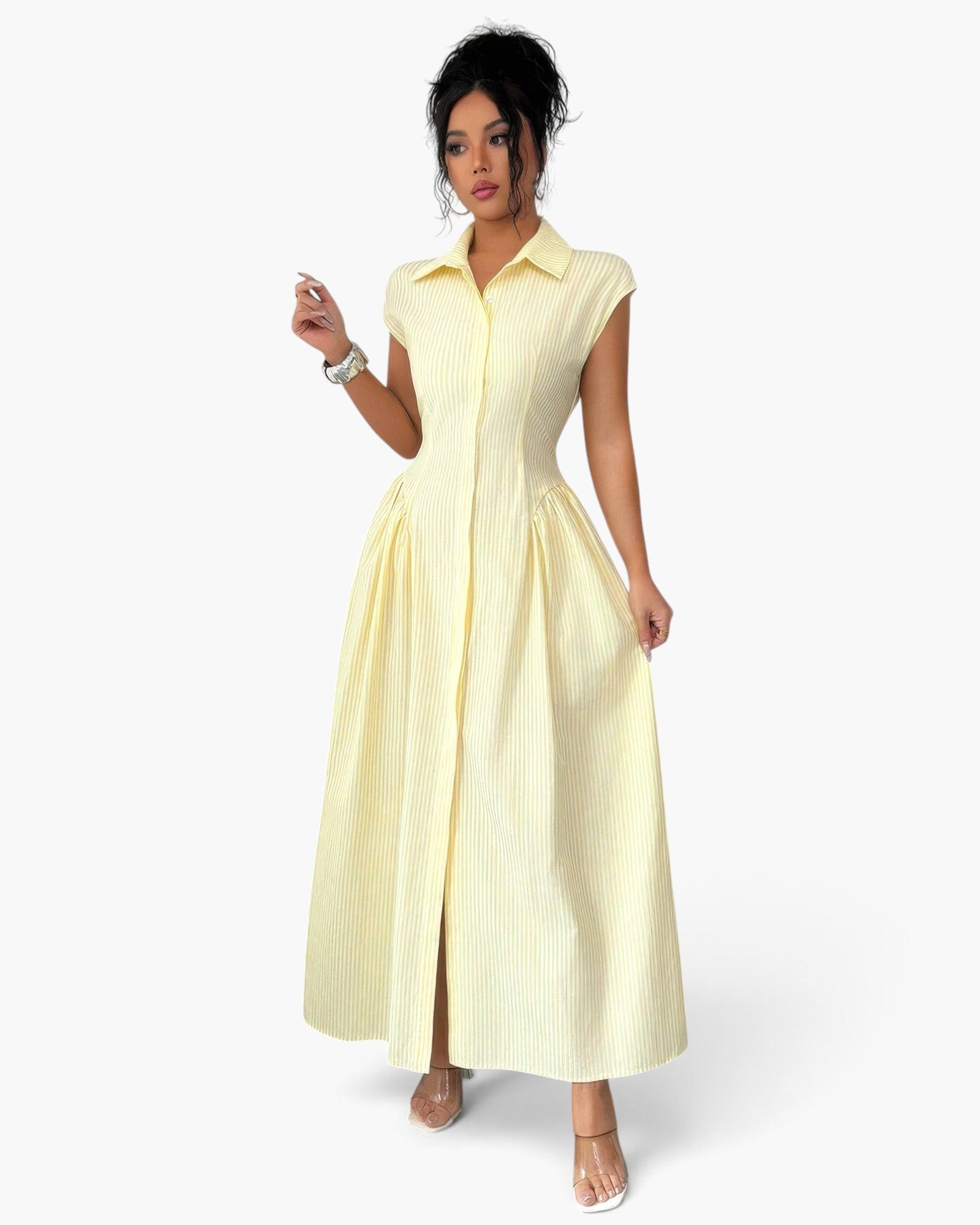 Beach Rose Co. yellow striped long dress with a collared neckline, cap sleeves, and a flattering ruched waist.