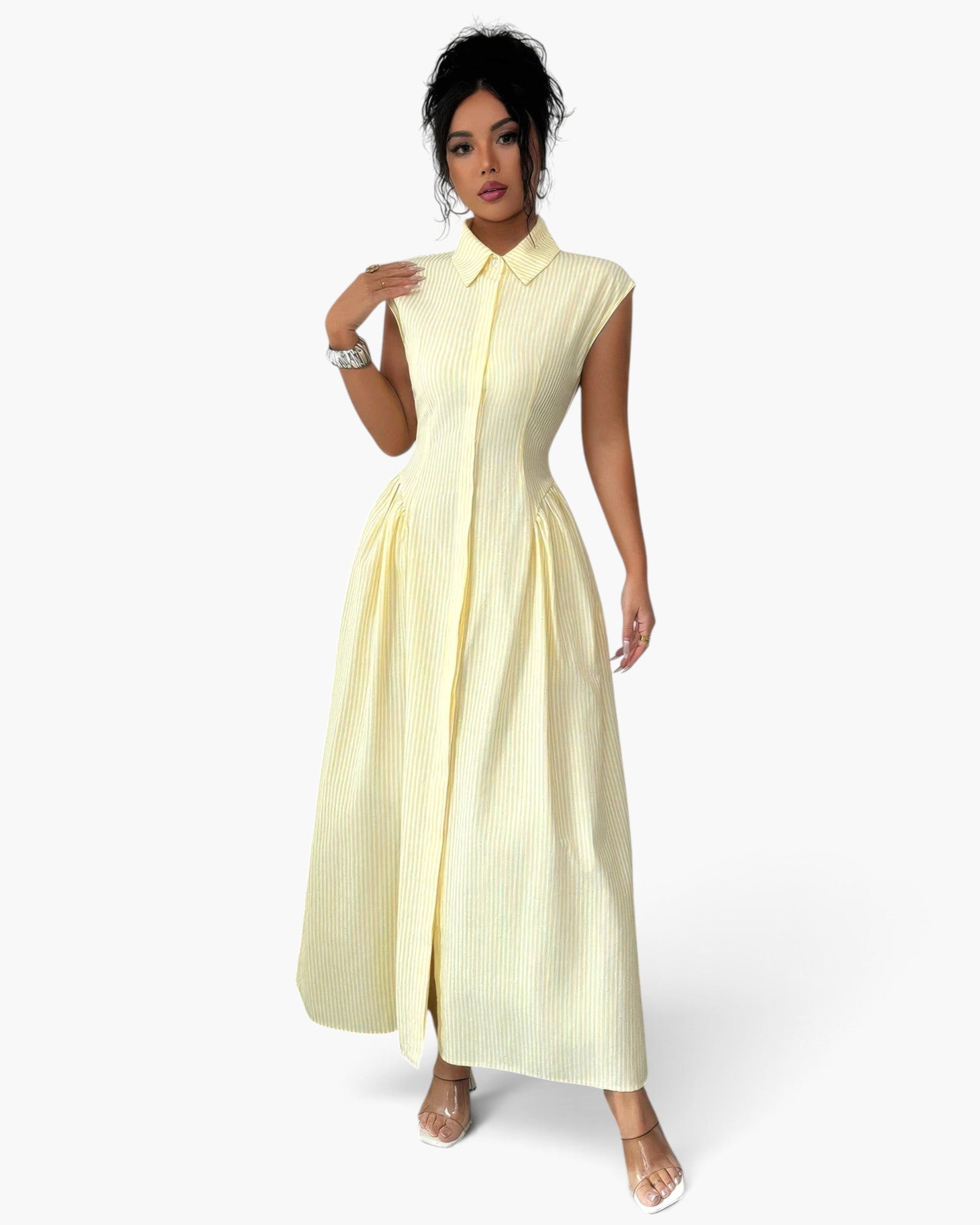 Beach Rose Co. yellow striped long dress with a collared neckline, cap sleeves, and a flattering ruched waist.