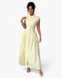 Beach Rose Co. yellow striped long dress with a collared neckline, cap sleeves, and a flattering ruched waist.