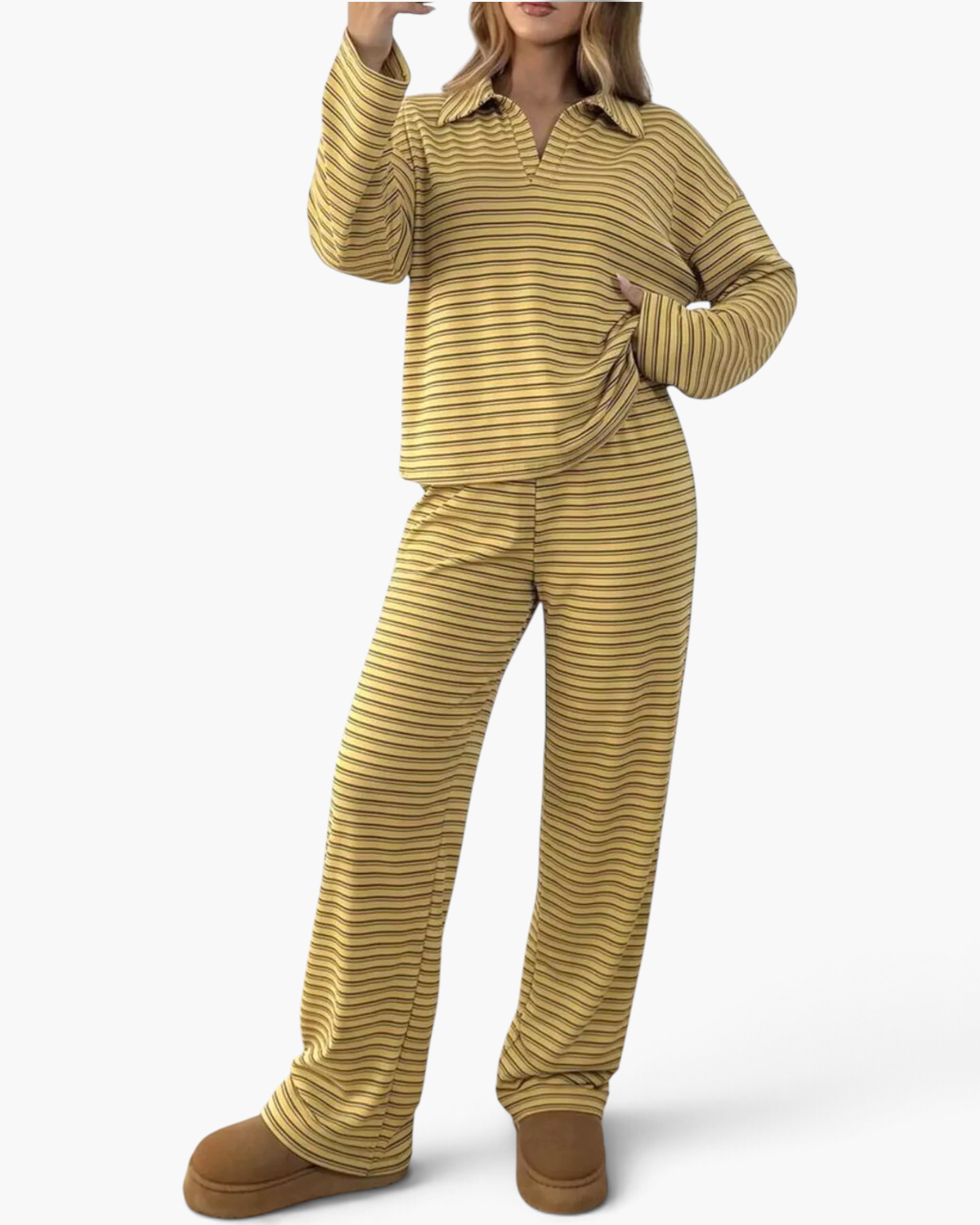 Beach Rose Co. yellow striped two-piece set with a collared V-neck pullover and matching wide-leg pants.