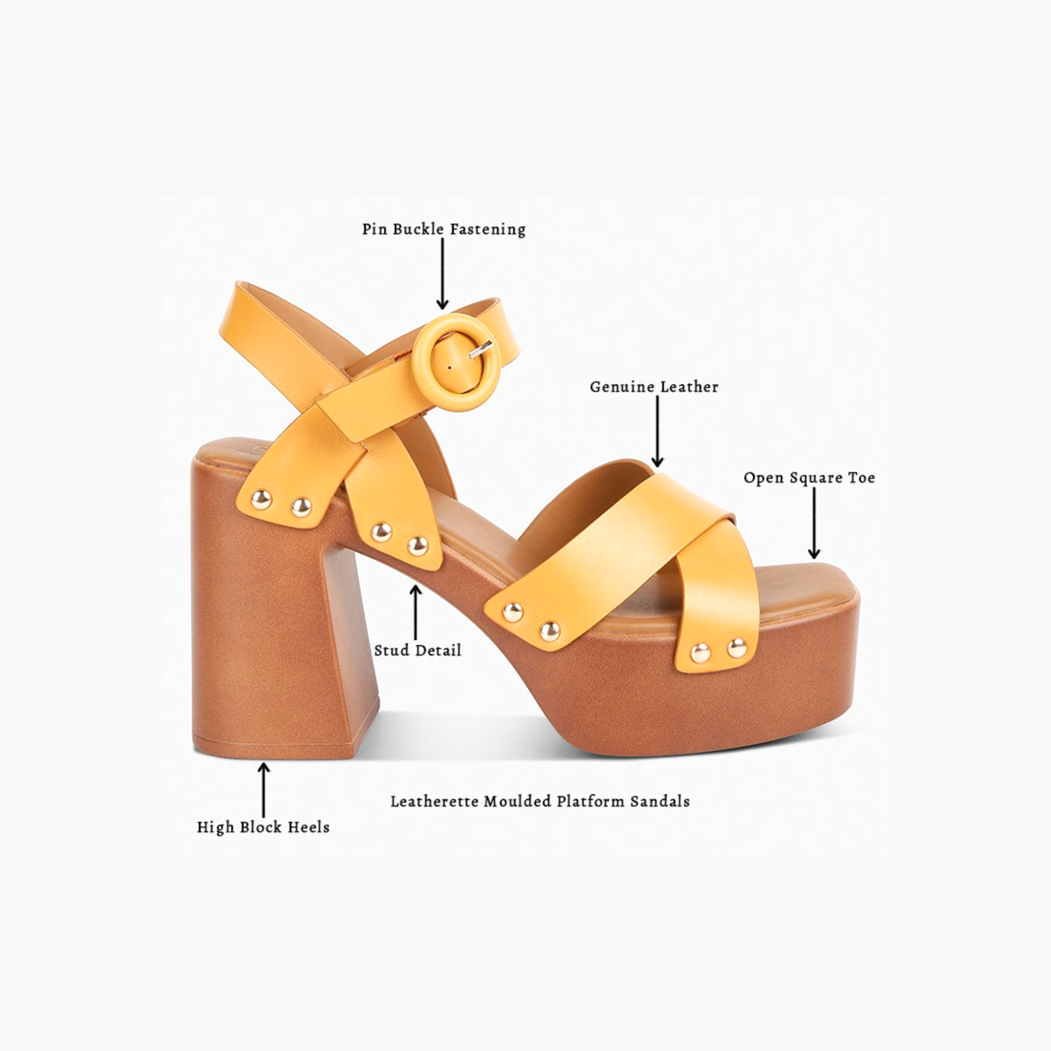 Beach Rose Co. yellow genuine leather platform sandals with cross-straps, gold stud details, and block heels.