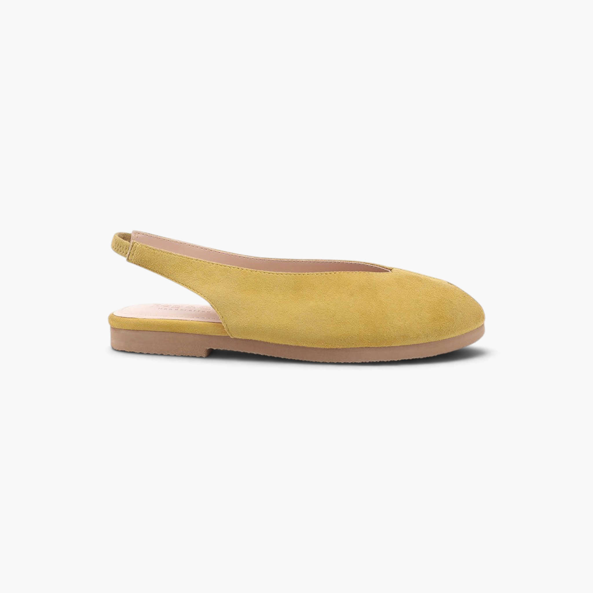 Beach Rose Co. yellow suede peep-toe slingback flats with a cushioned insole and flat EVA outsole.