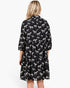 Beach Rose Co. black and white zebra print tiered babydoll dress with three-quarter balloon sleeves, back view