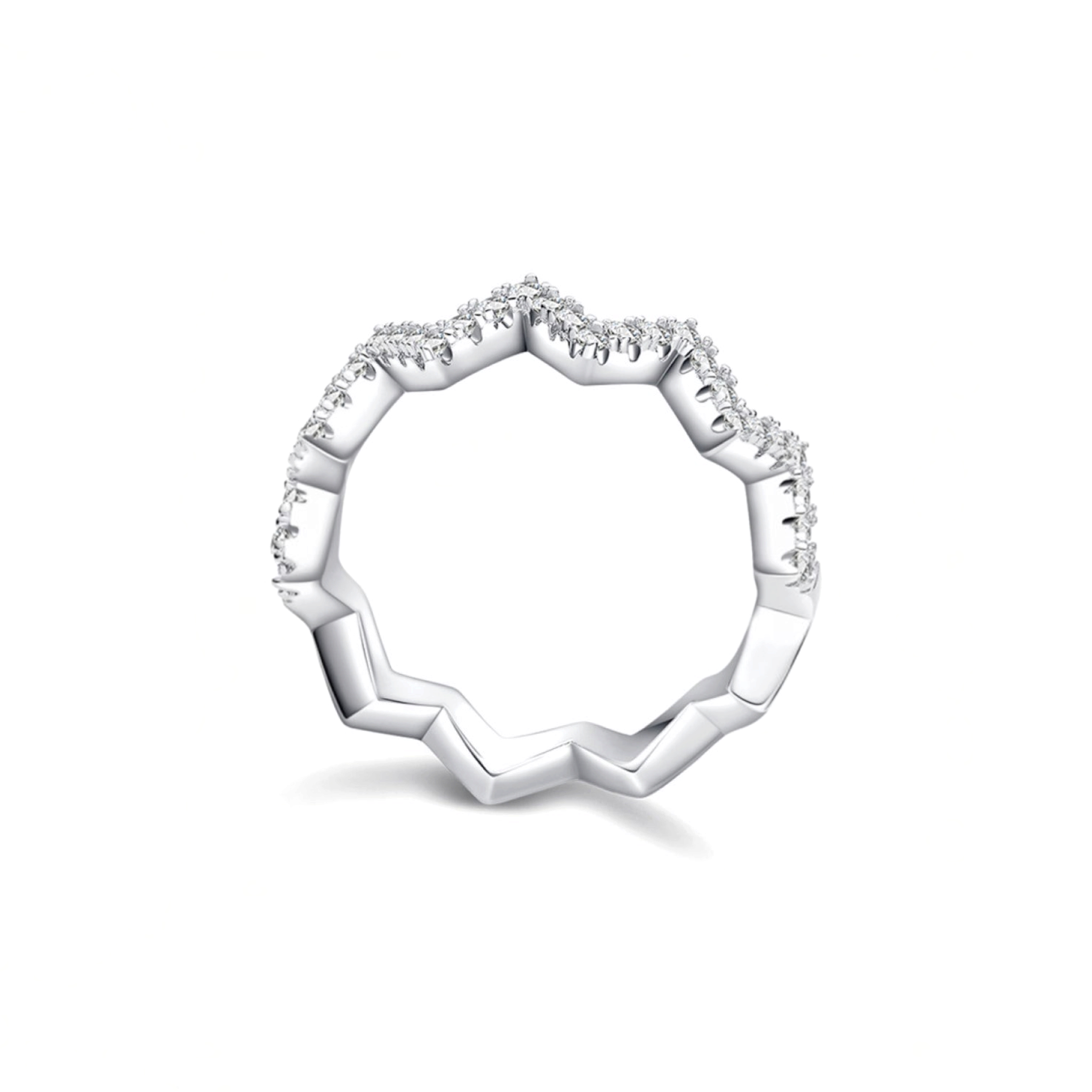 Beach Rose Co. platinum-plated sterling silver zigzag band ring featuring 0.38 carat round moissanite stones.