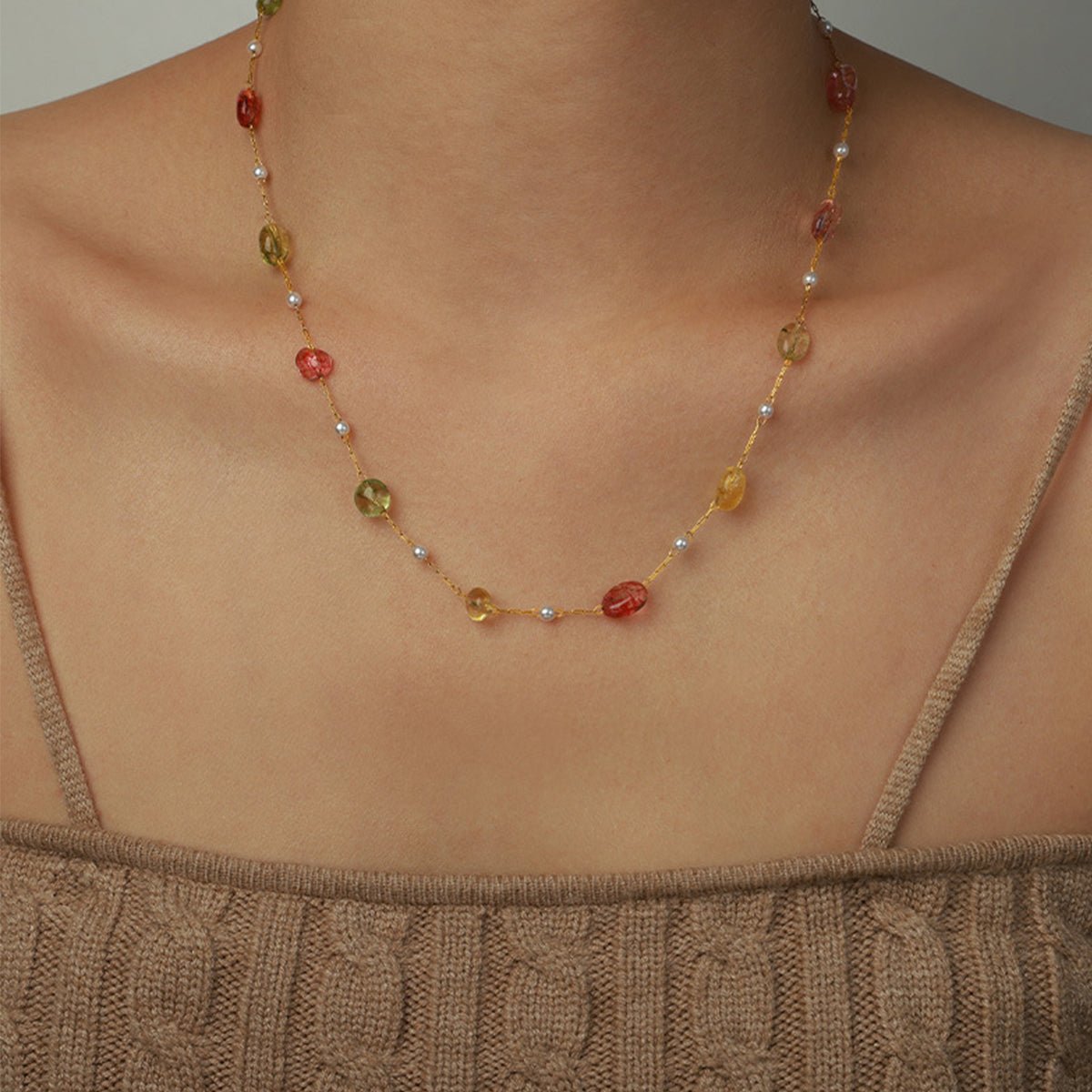 Beach Rose Co.Beaded Natural Stone Gold Necklace