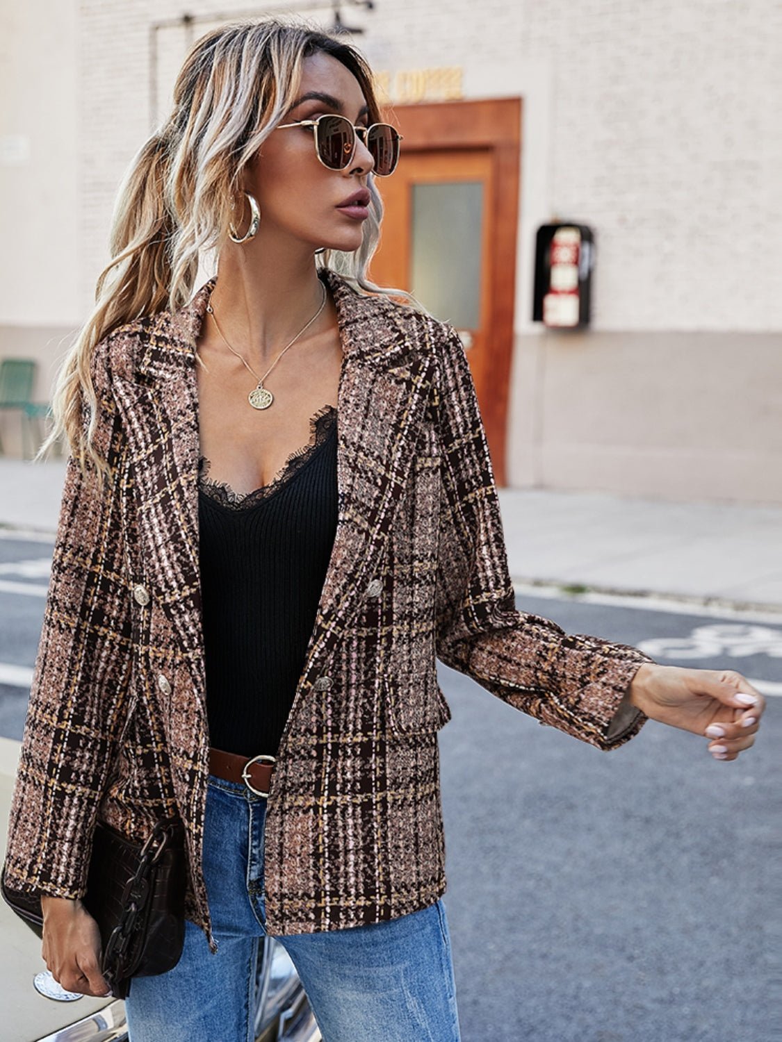 Beach Rose Co.Brown Plaid Lapel Collar Blazer