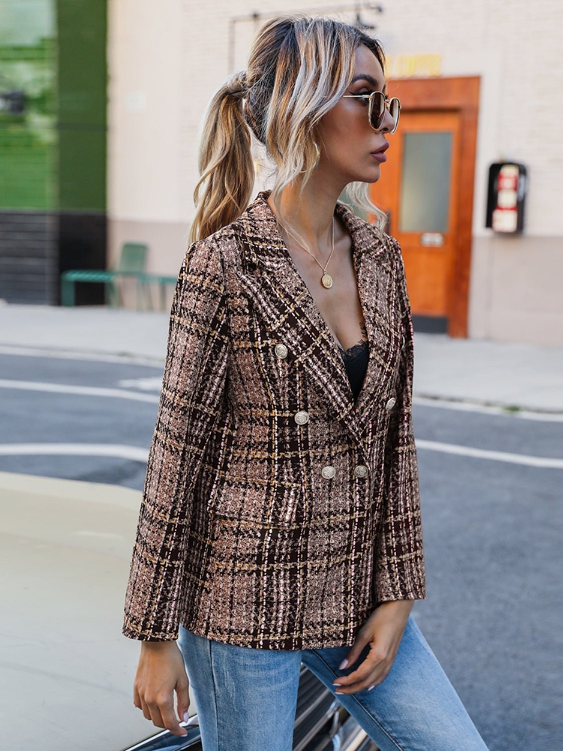 Beach Rose Co.Brown Plaid Lapel Collar Blazer