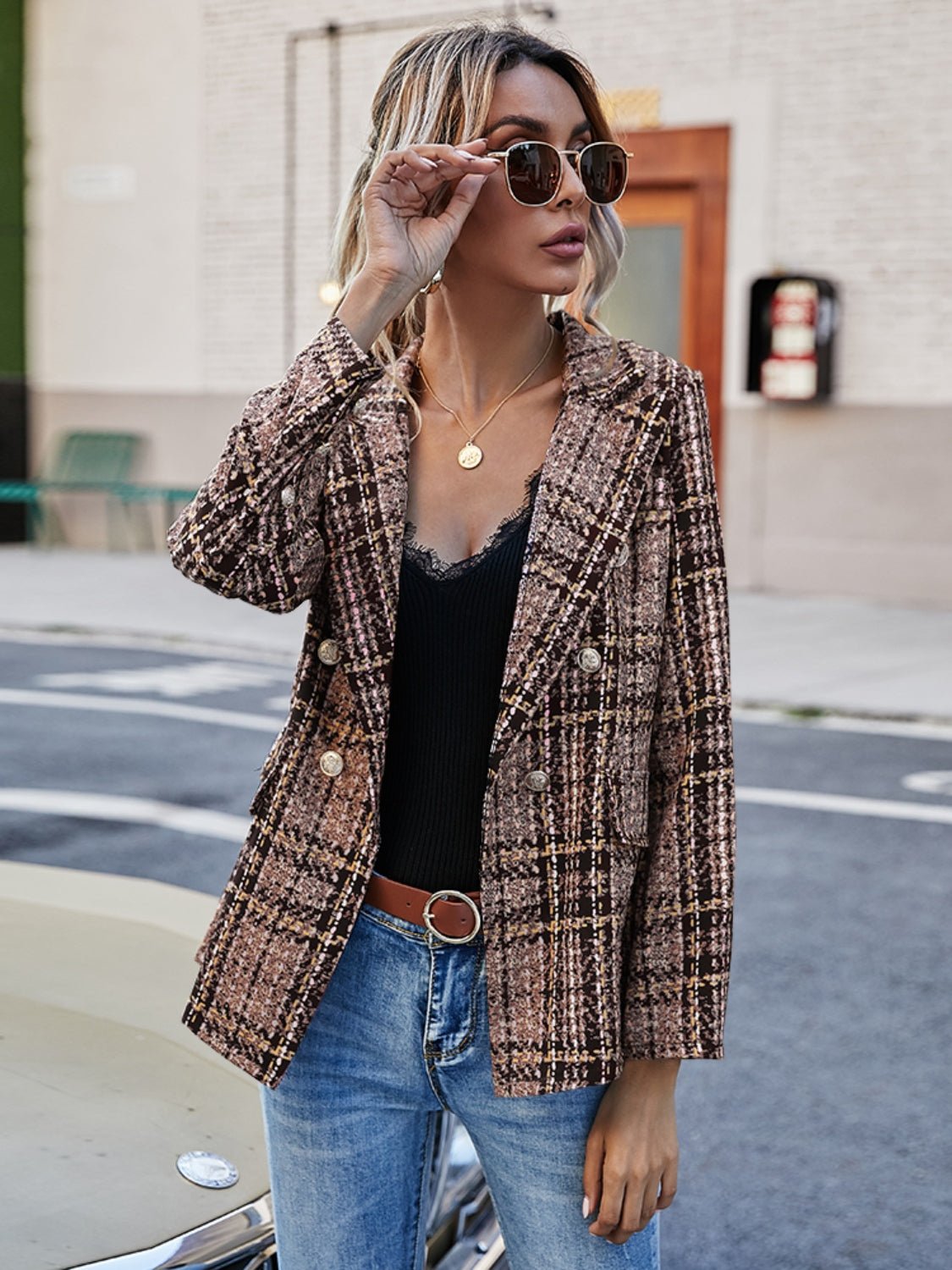 Beach Rose Co.Brown Plaid Lapel Collar Blazer