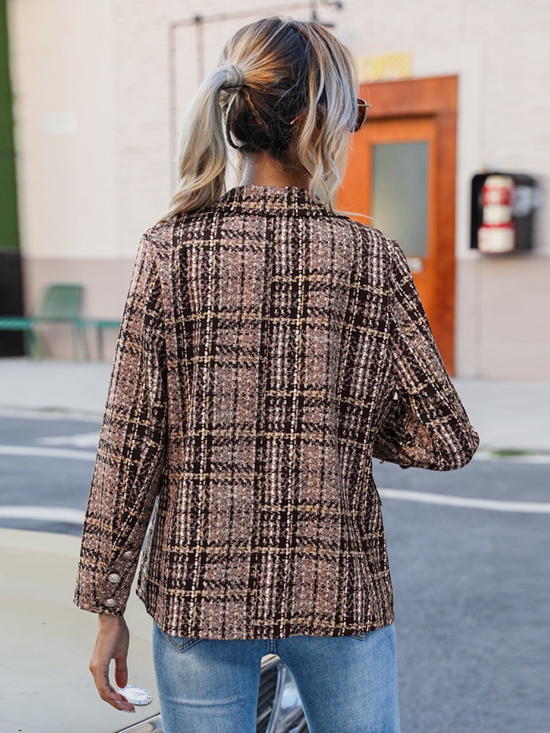 Beach Rose Co.Brown Plaid Lapel Collar Blazer