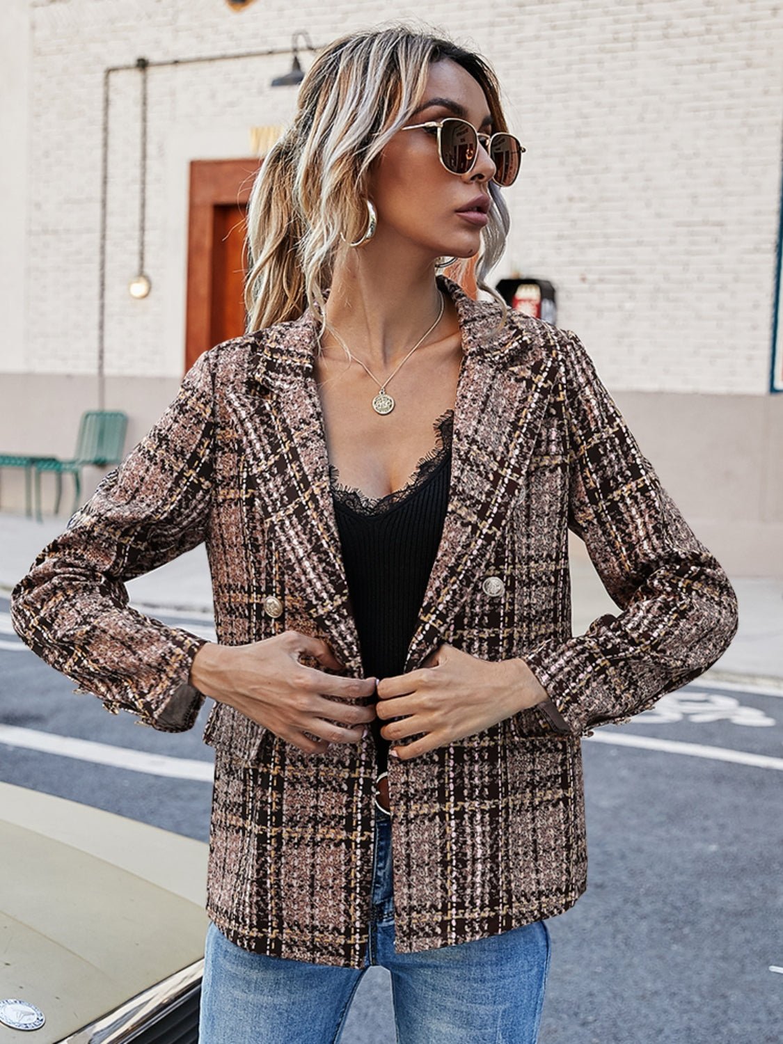 Beach Rose Co.Brown Plaid Lapel Collar Blazer