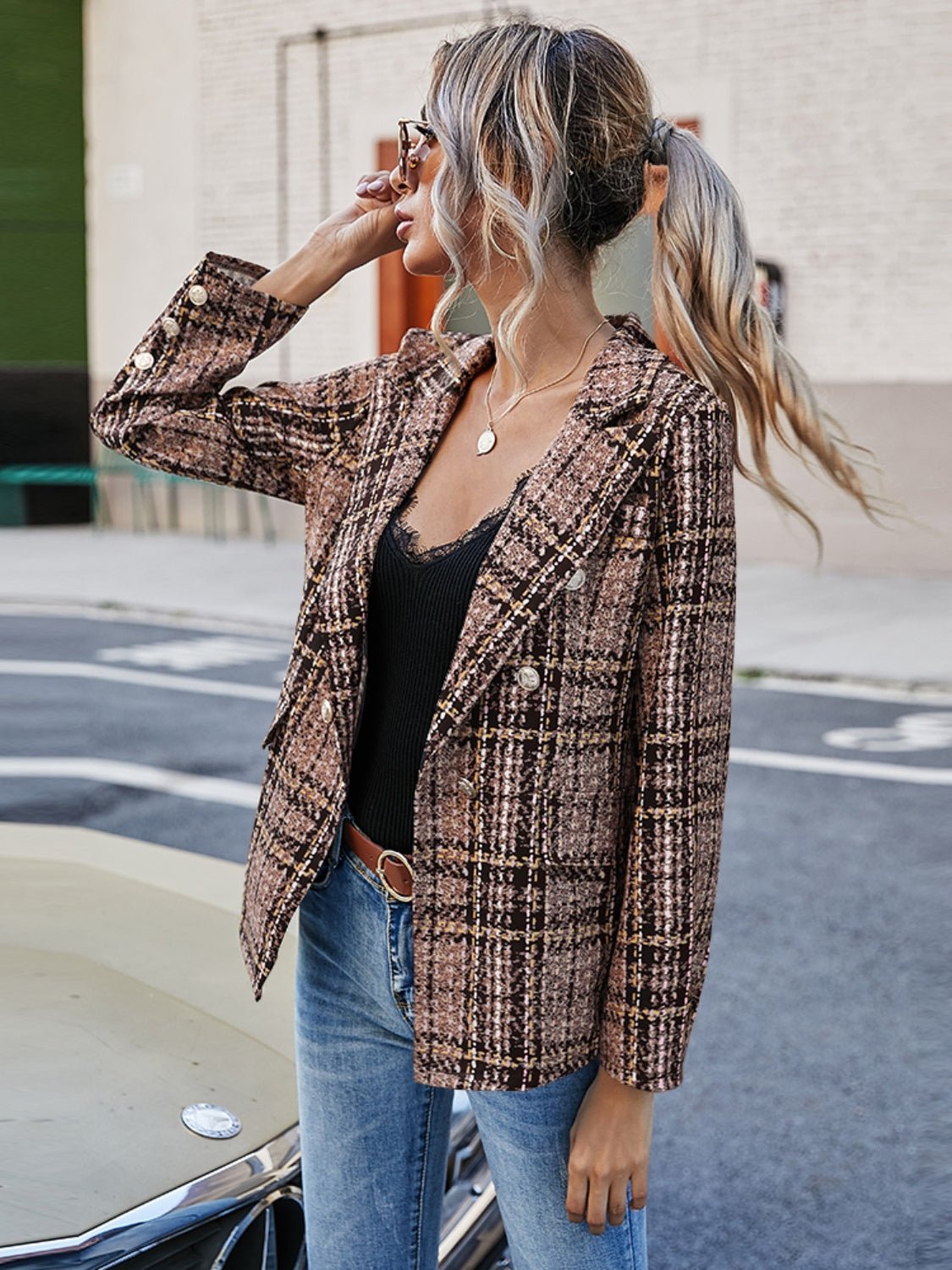 Beach Rose Co.Brown Plaid Lapel Collar Blazer