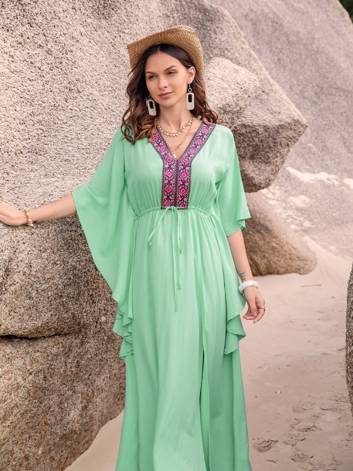 Beach Rose Co.Drawstring Waist Side Slit V - Neck Midi Dress in Light Green