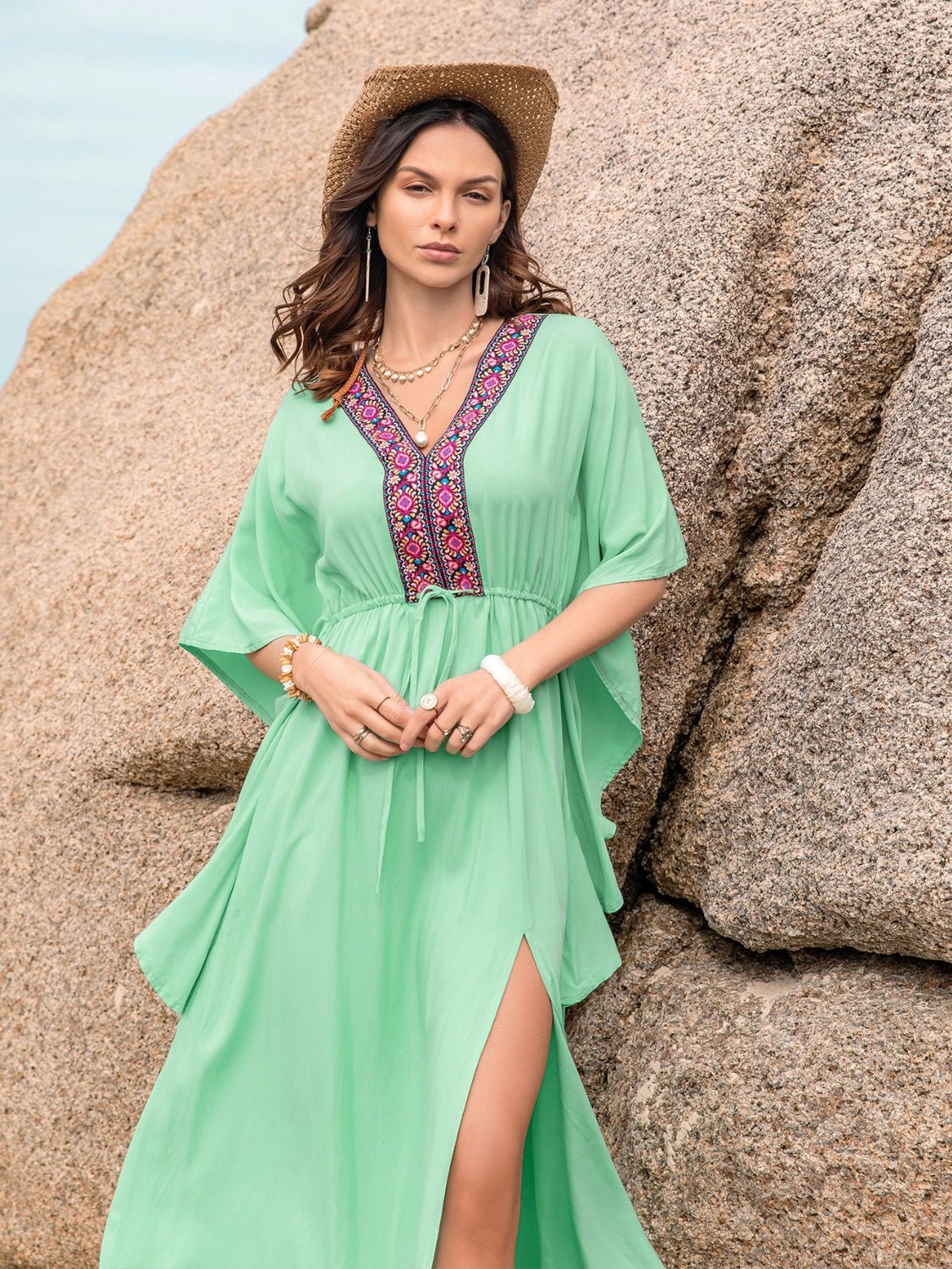 Beach Rose Co.Drawstring Waist Side Slit V - Neck Midi Dress in Light Green