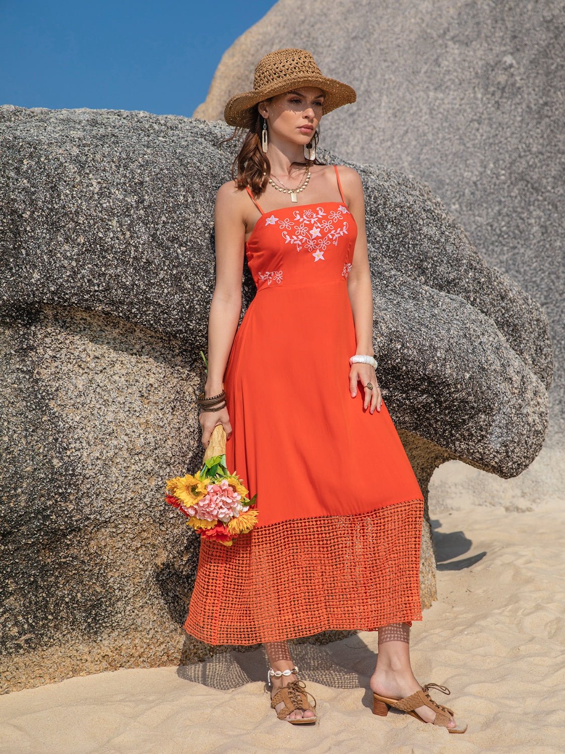 Beach Rose Co.Embroidered Square Neck Midi Cami Dress in Orange