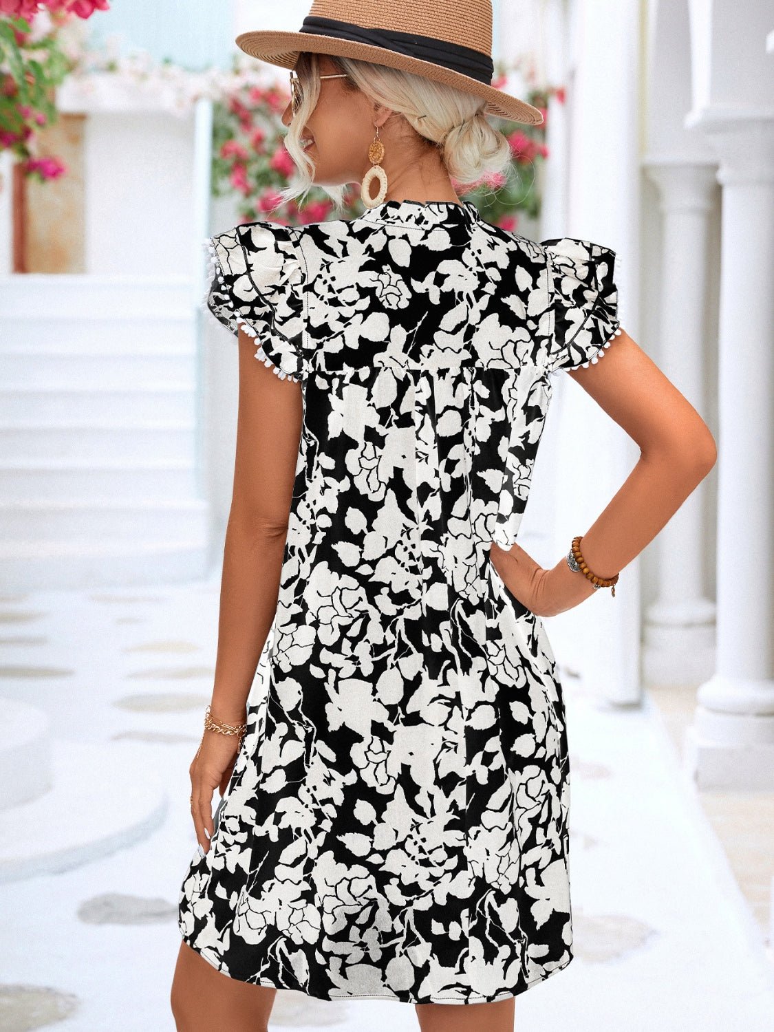 Beach Rose Co.Floral Tie Neck Butterfly Sleeve Mini Dress in Black