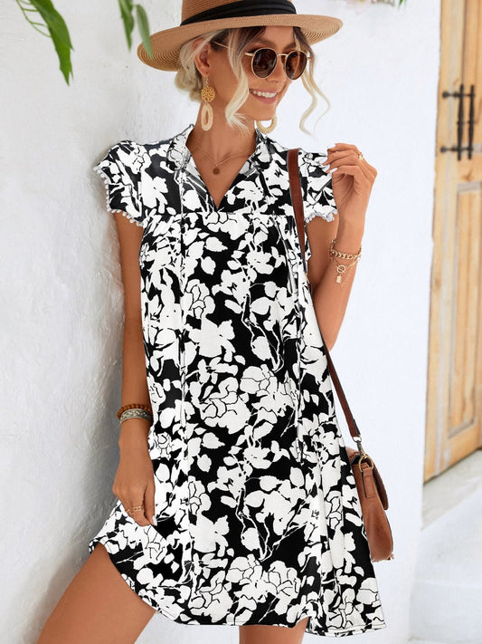 Beach Rose Co.Floral Tie Neck Butterfly Sleeve Mini Dress in Black