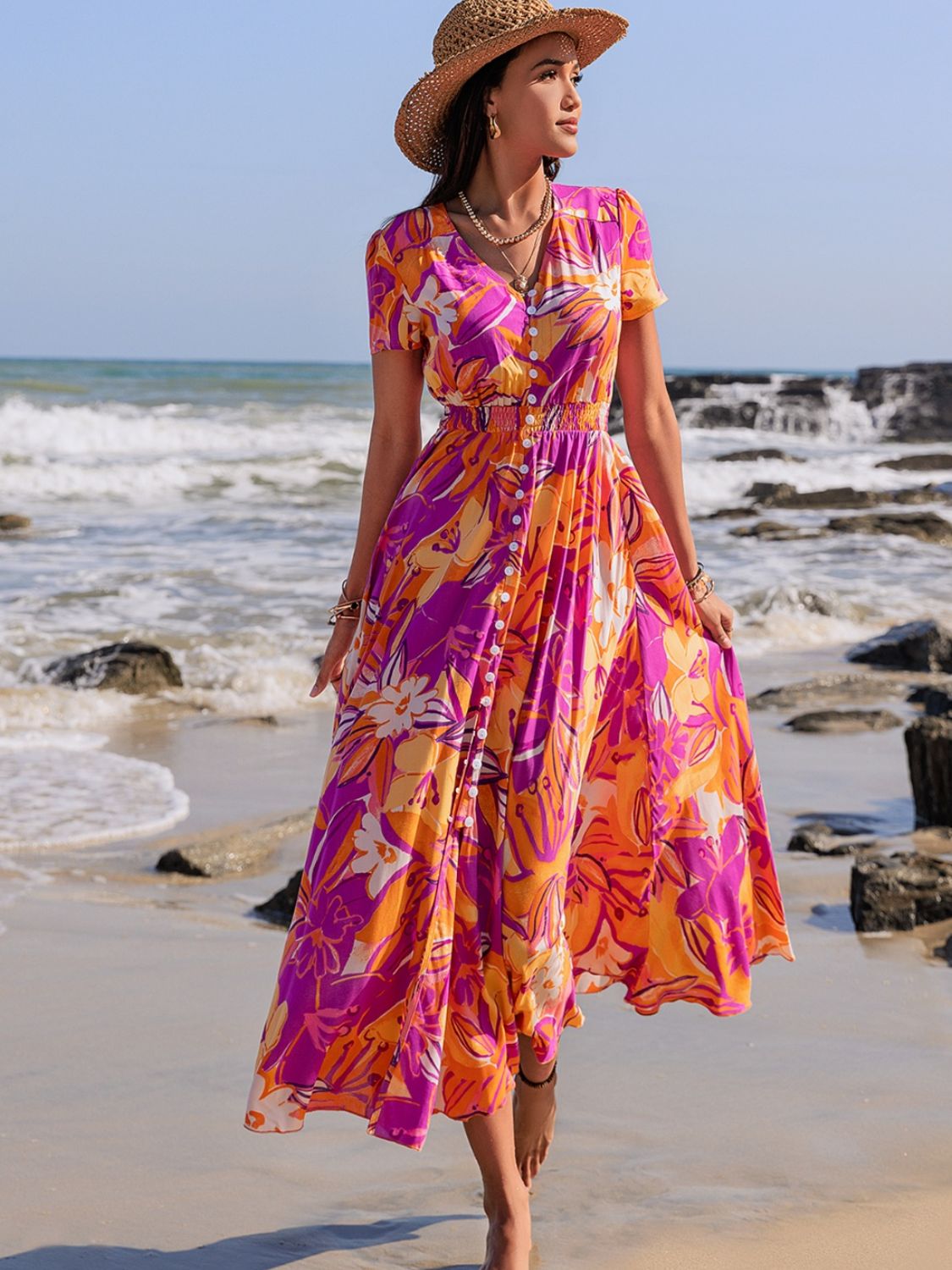 Beach Rose Co.Floral V - Neck Short Sleeve Midi Dress in Red Violet