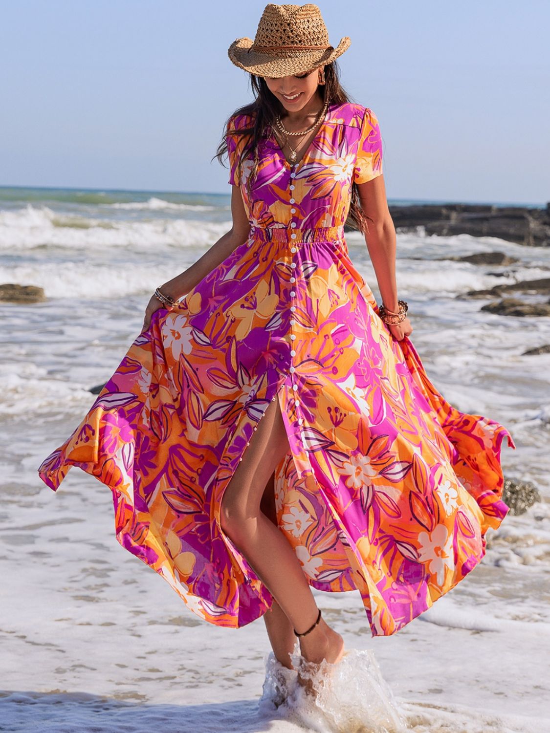 Beach Rose Co.Floral V - Neck Short Sleeve Midi Dress in Red Violet