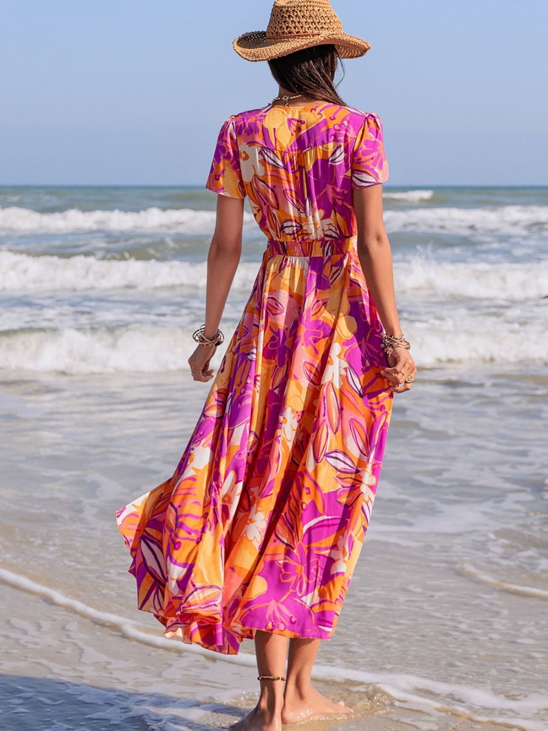 Beach Rose Co.Floral V - Neck Short Sleeve Midi Dress in Red Violet