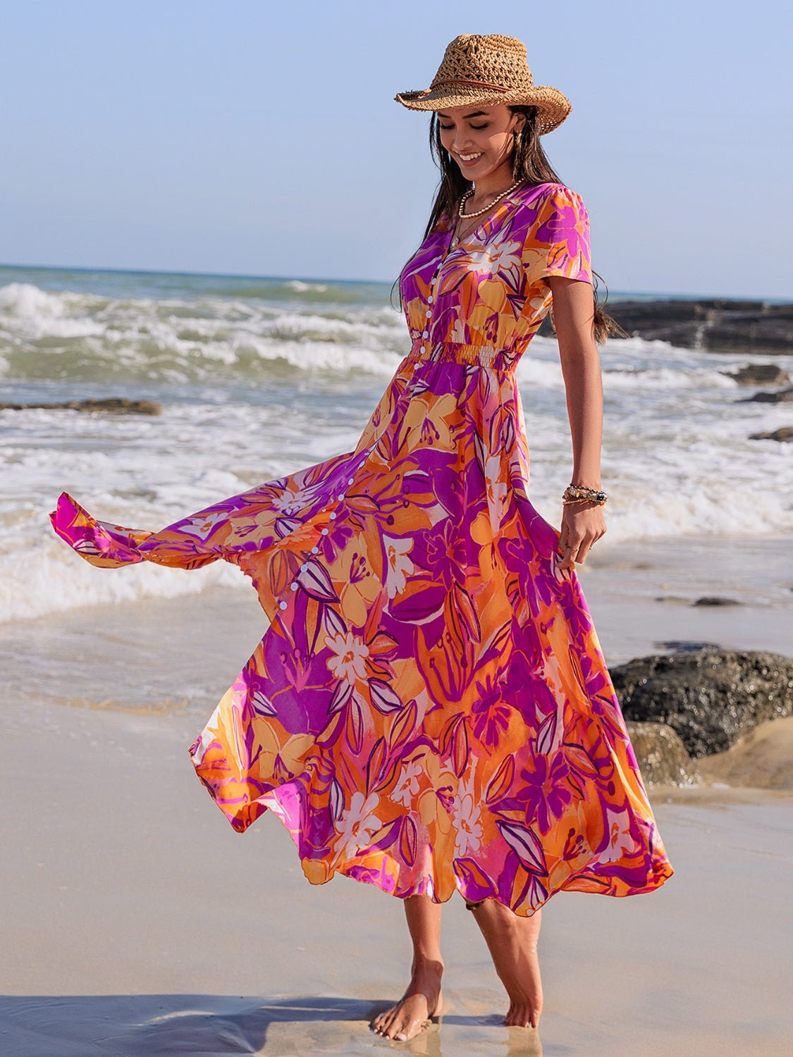 Beach Rose Co.Floral V - Neck Short Sleeve Midi Dress in Red Violet