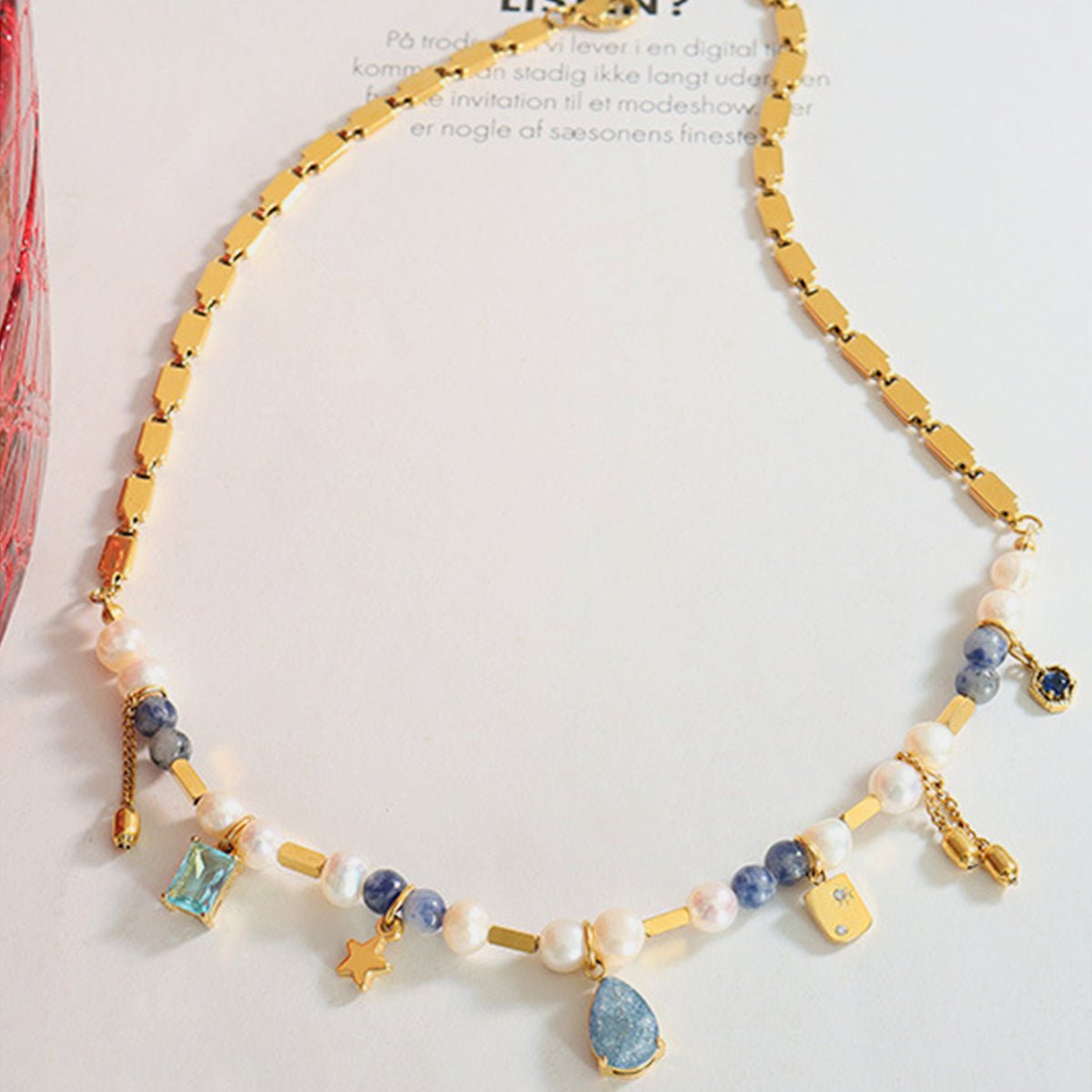 Beach Rose Co.Freshwater Pearl and Crystal Beaded Charm Gold Necklace