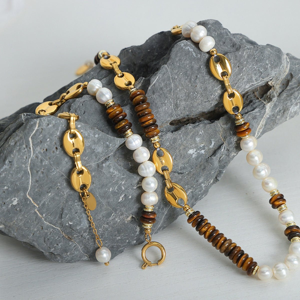 Beach Rose Co.Freshwater Pearl & Tiger Eye Beaded Gold Bracelet