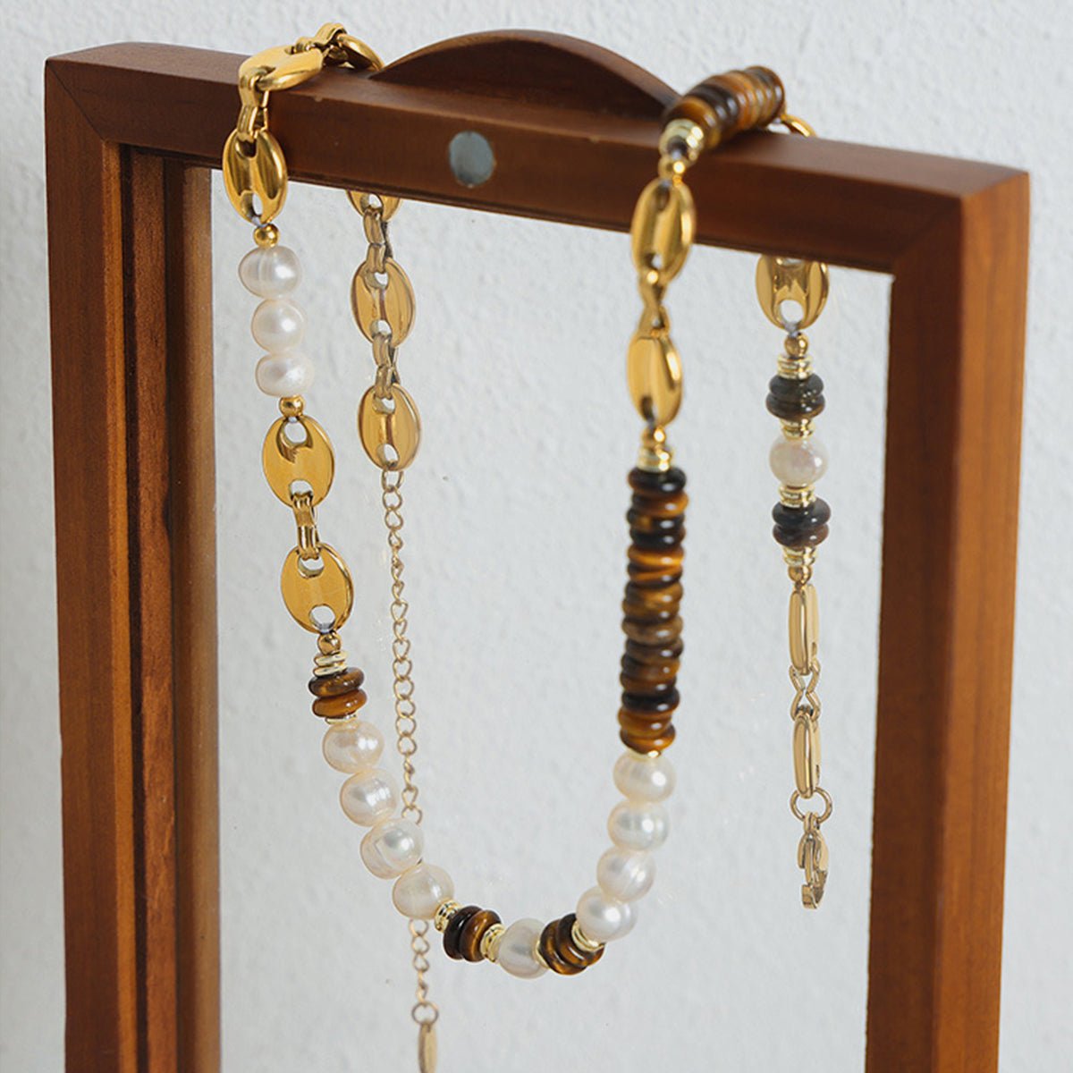 Beach Rose Co.Freshwater Pearl & Tiger Eye Beaded Gold Necklace