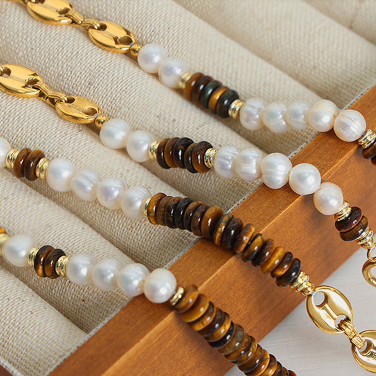 Beach Rose Co.Freshwater Pearl & Tiger Eye Beaded Gold Necklace