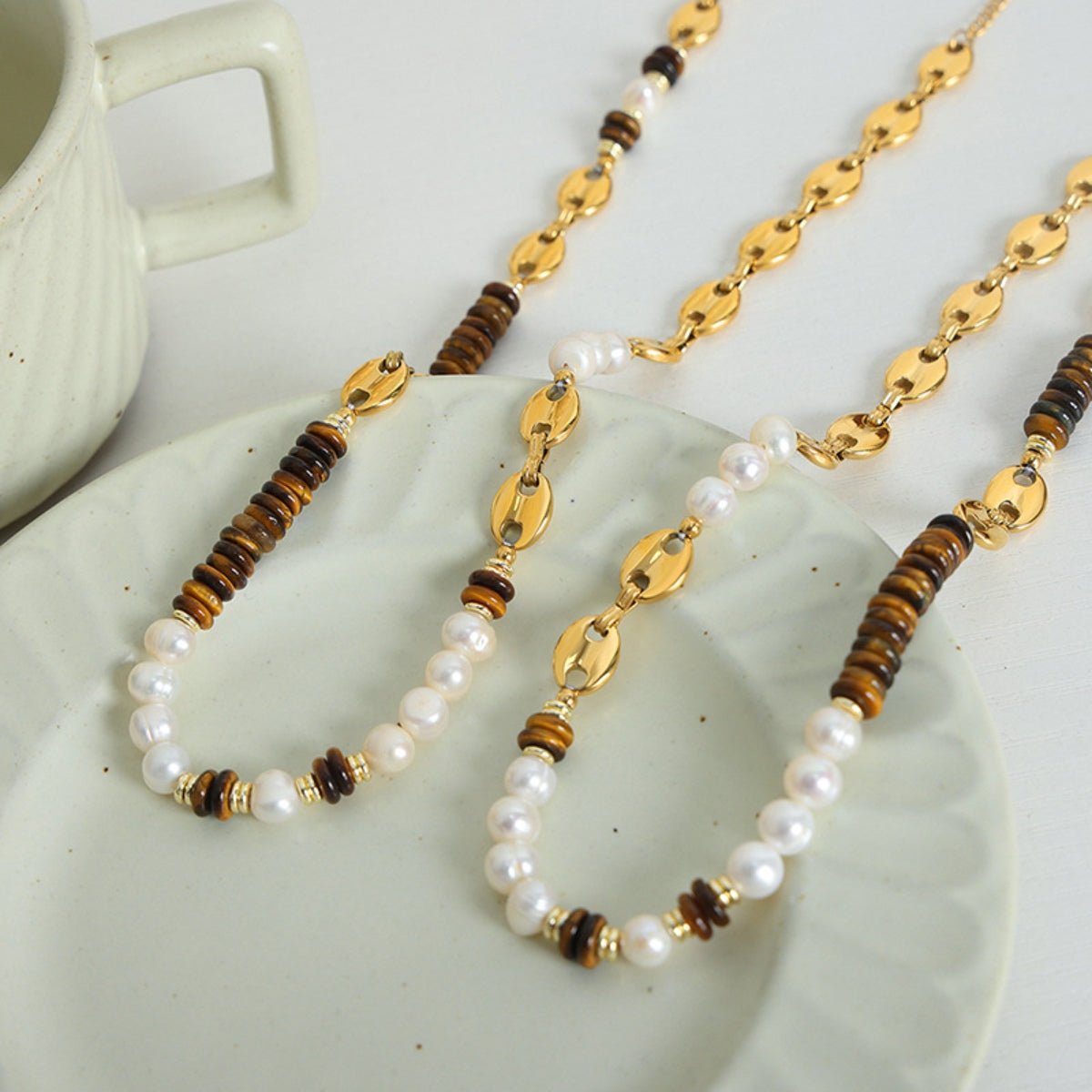 Beach Rose Co.Freshwater Pearl & Tiger Eye Beaded Gold Necklace