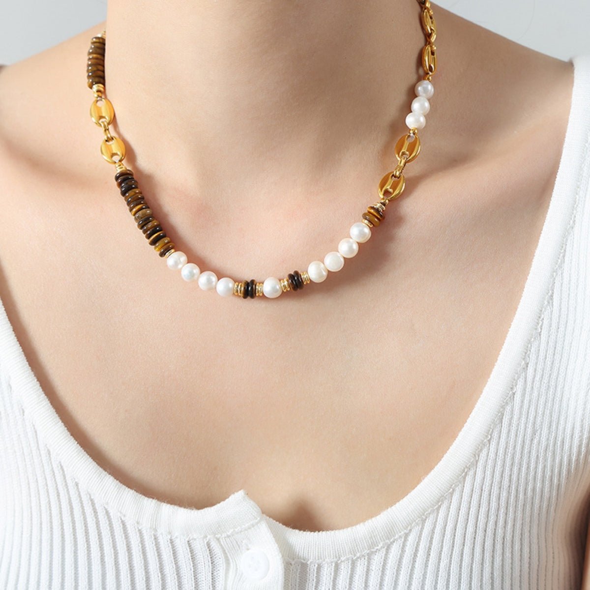 Beach Rose Co.Freshwater Pearl & Tiger Eye Beaded Gold Necklace