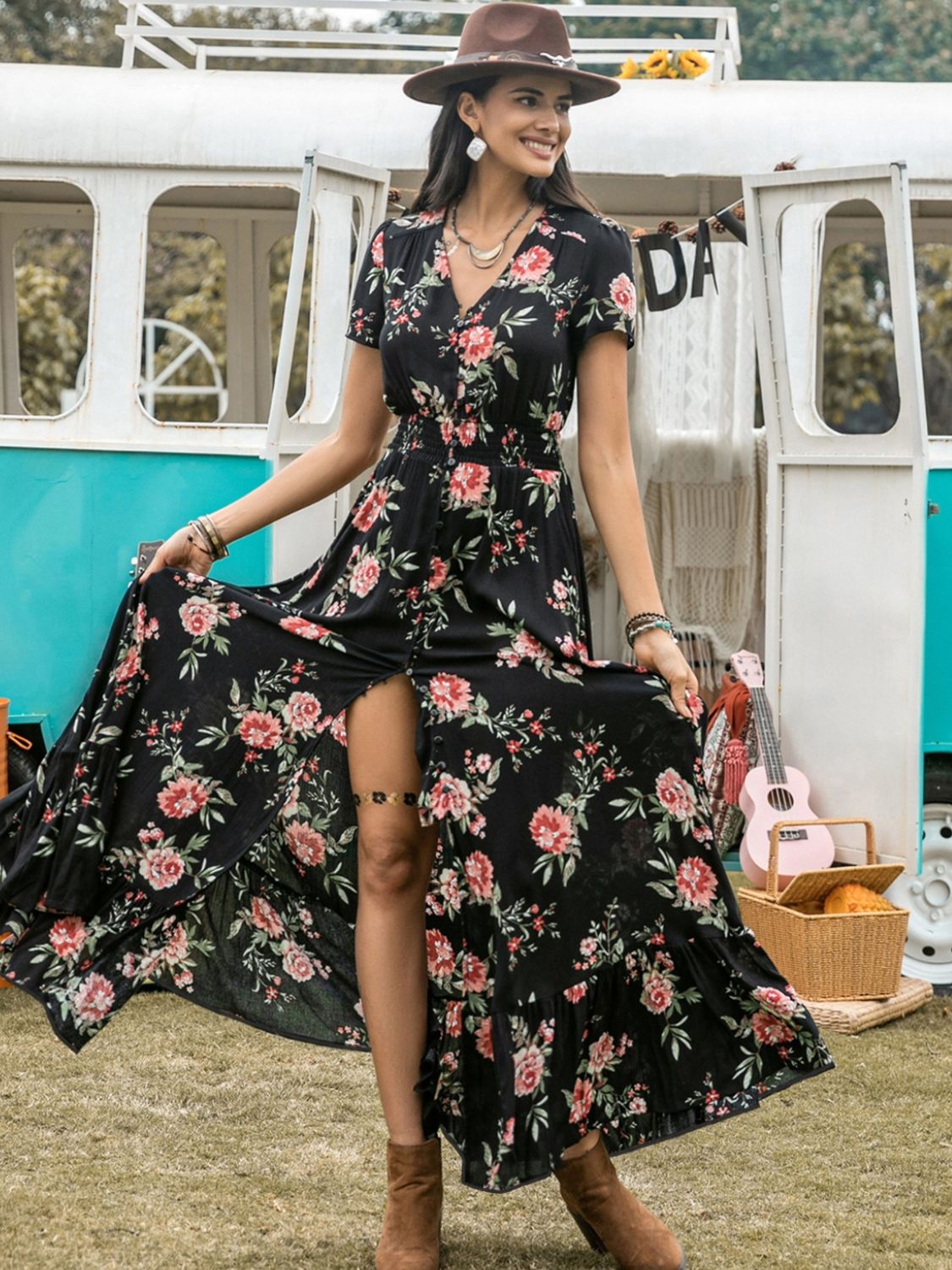 Beach Rose Co.Front Slit Floral Print V - Neck Short Sleeve Maxi Dress in Black