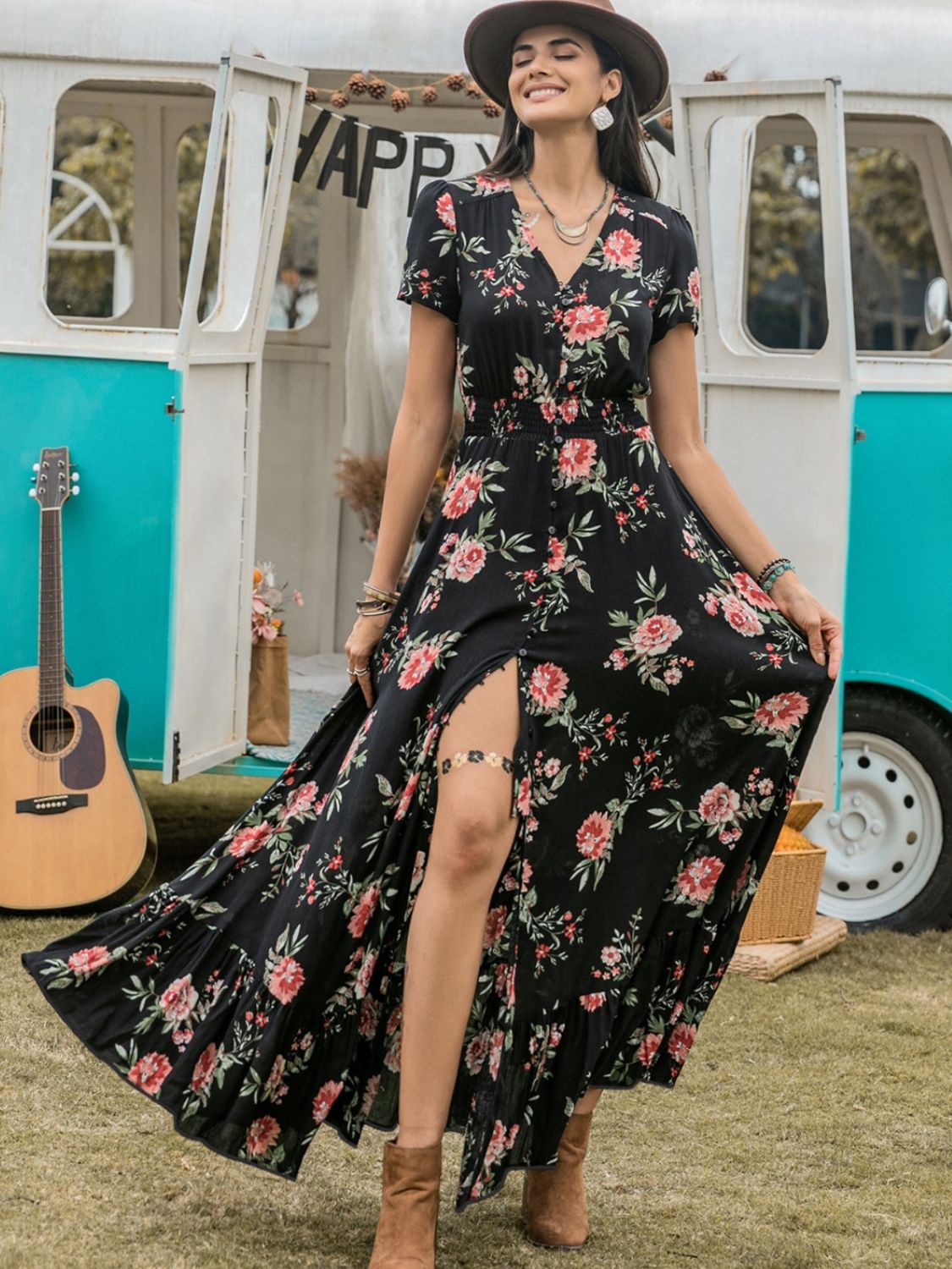 Beach Rose Co.Front Slit Floral Print V - Neck Short Sleeve Maxi Dress in Black