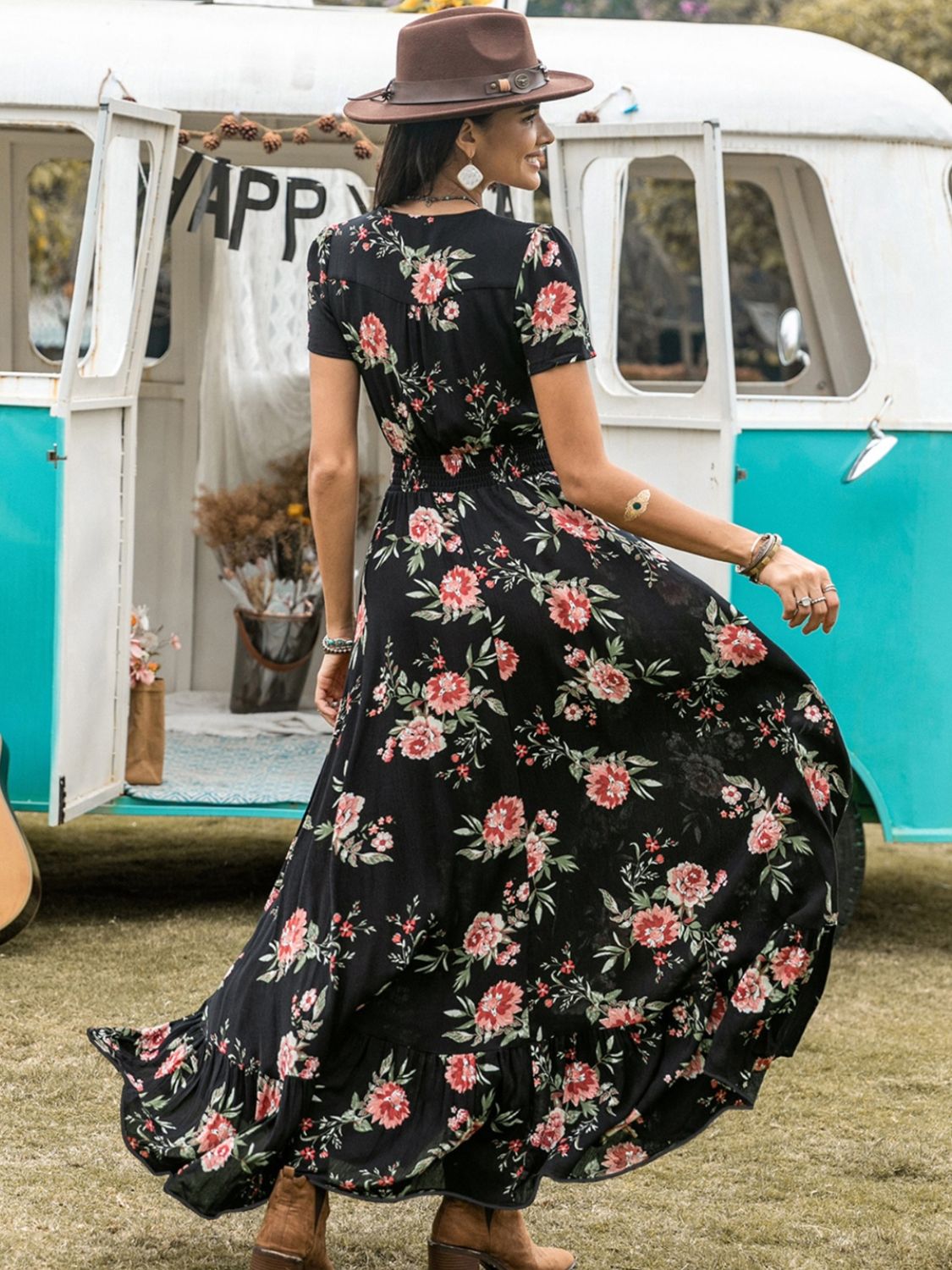 Beach Rose Co.Front Slit Floral Print V - Neck Short Sleeve Maxi Dress in Black