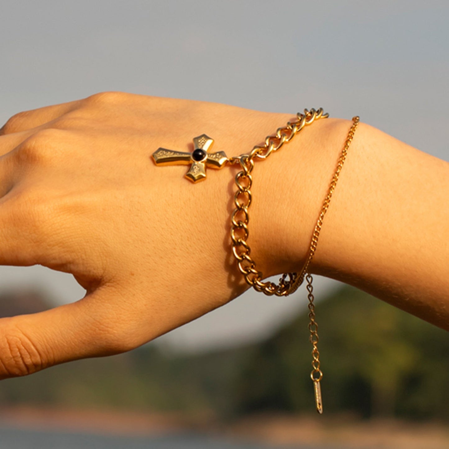 Beach Rose Co.Gold Cross Pendant Double - Layered Bracelet