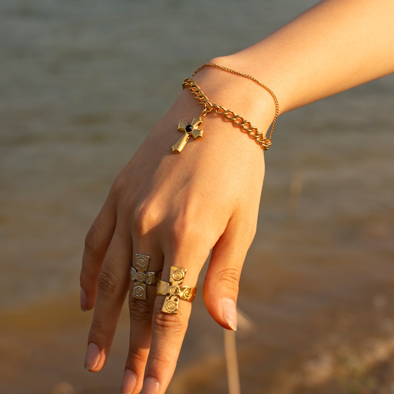 Beach Rose Co.Gold Cross Pendant Double - Layered Bracelet