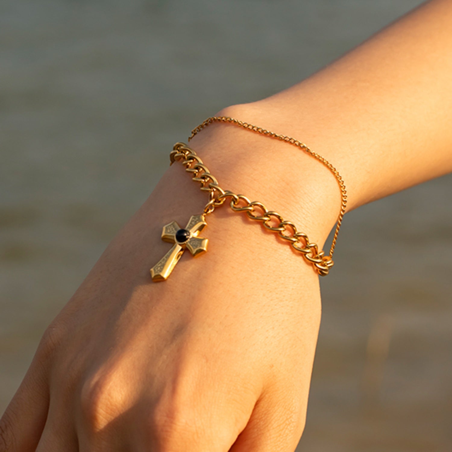 Beach Rose Co.Gold Cross Pendant Double - Layered Bracelet