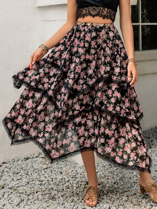 Beach Rose Co.Lace Detail Layered Printed Midi Skirt