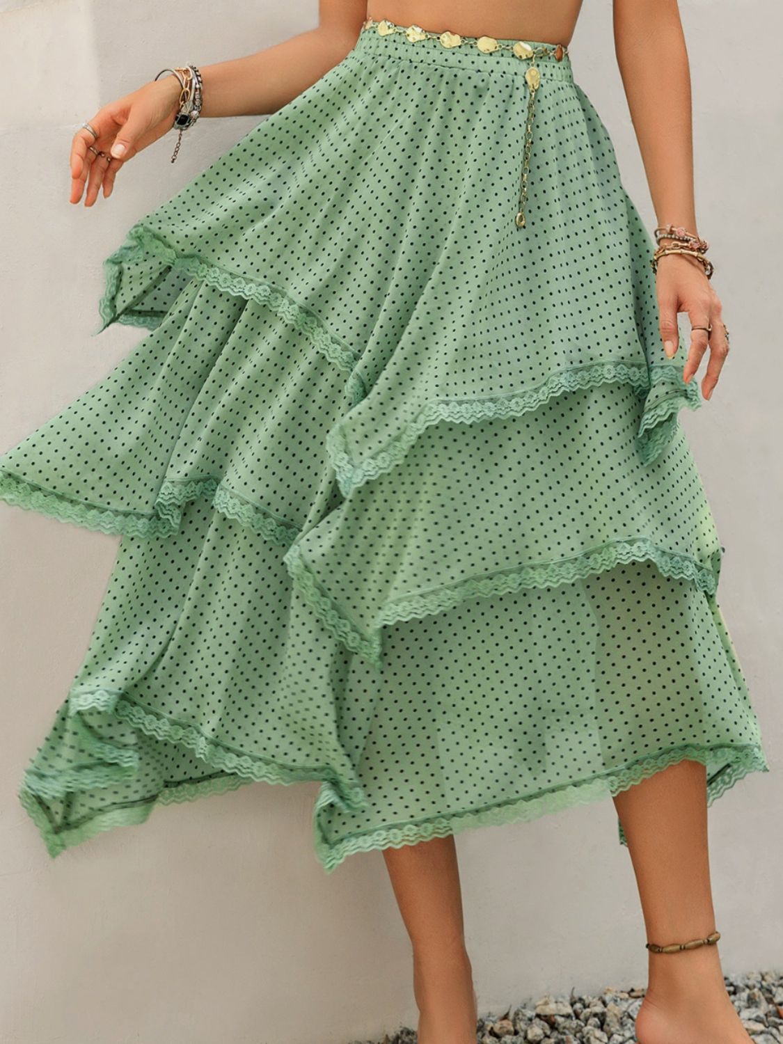 Beach Rose Co.Lace Detail Layered Printed Midi Skirt