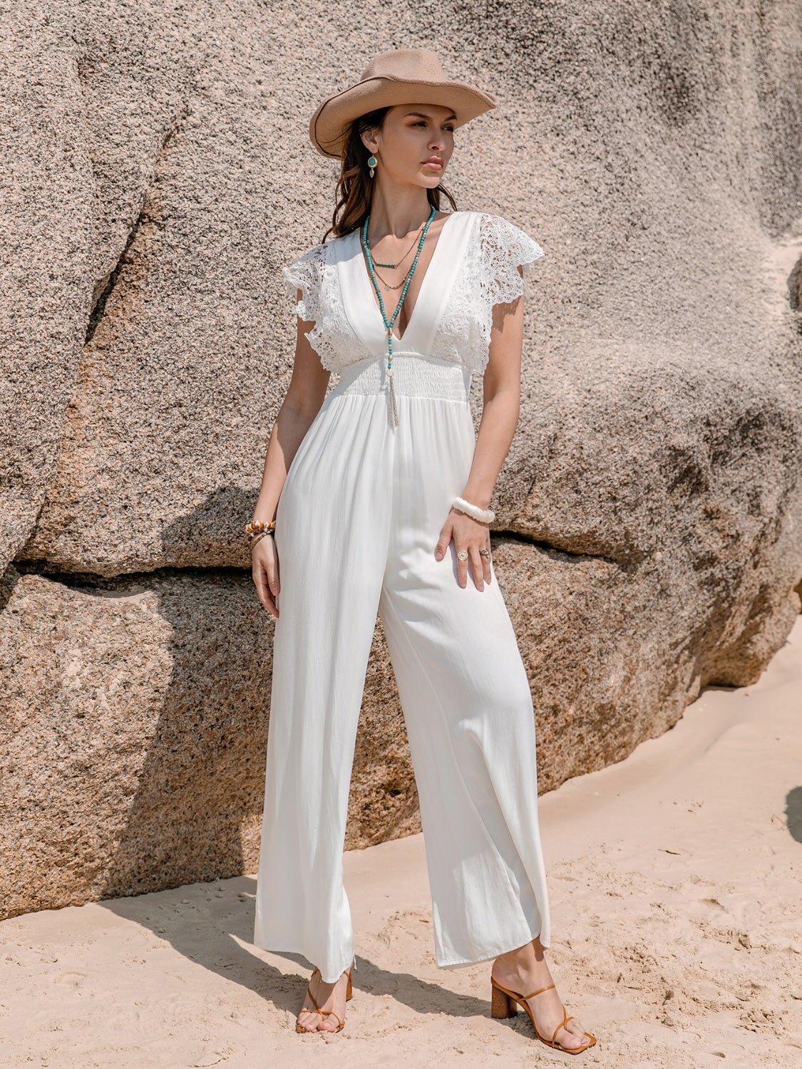 Beach Rose Co.Lace Detail Plunge Neckline Cap Sleeve Jumpsuit in White