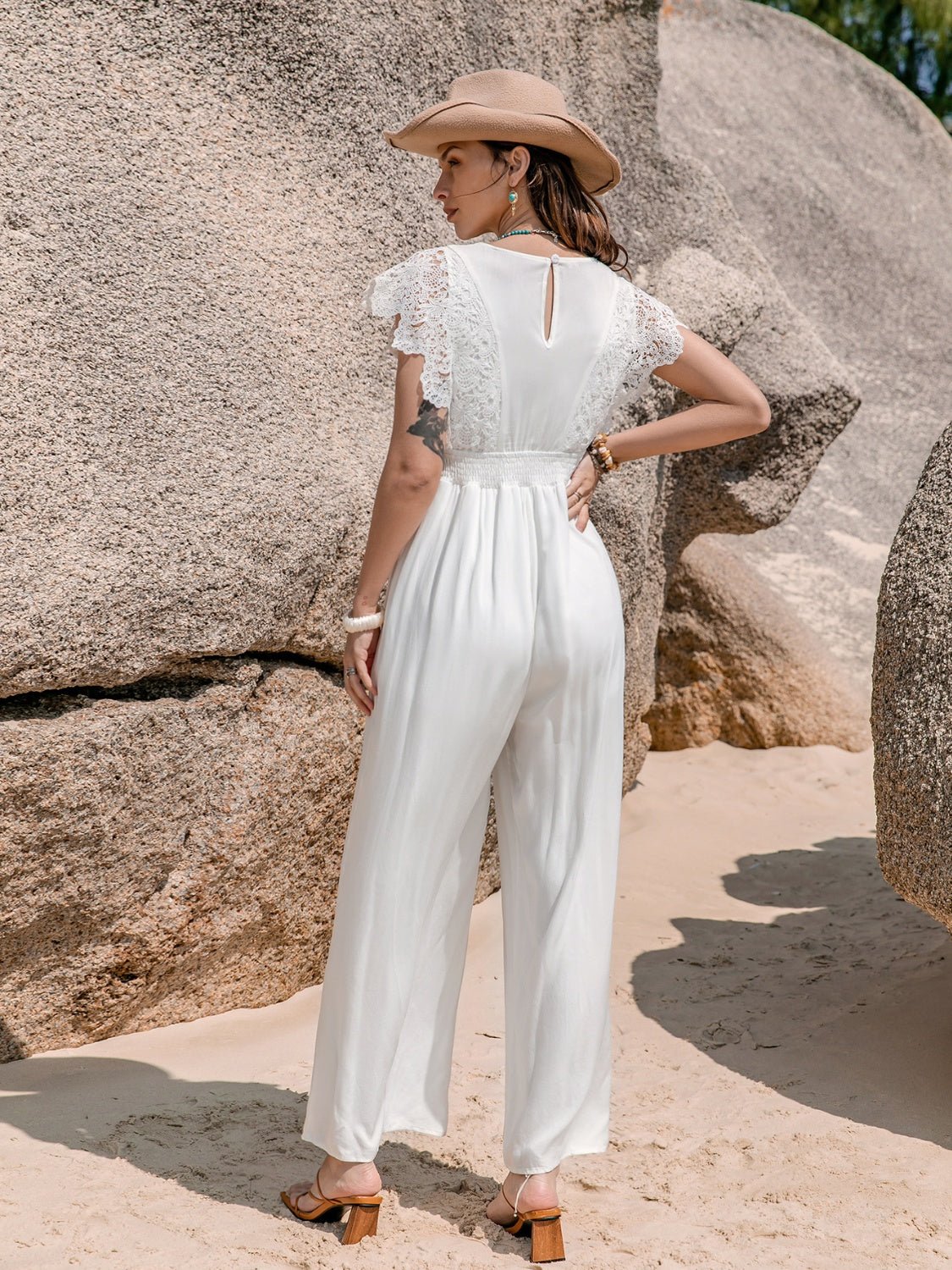 Beach Rose Co.Lace Detail Plunge Neckline Cap Sleeve Jumpsuit in White