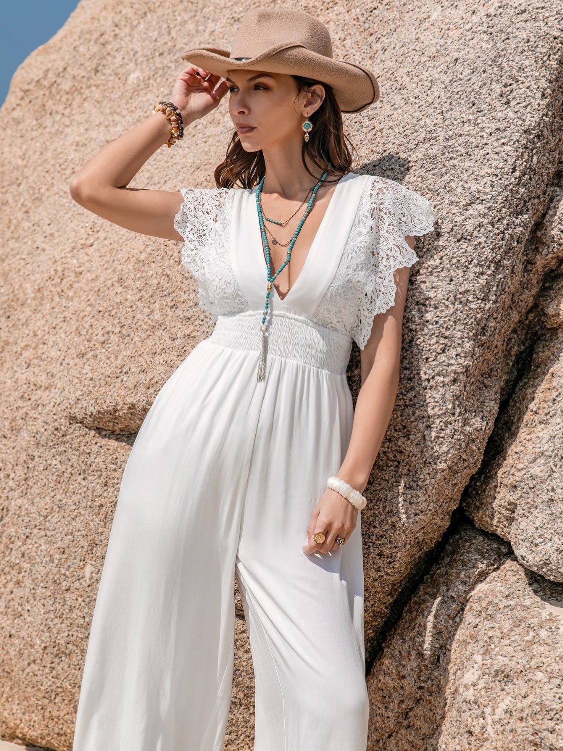 Beach Rose Co.Lace Detail Plunge Neckline Cap Sleeve Jumpsuit in White