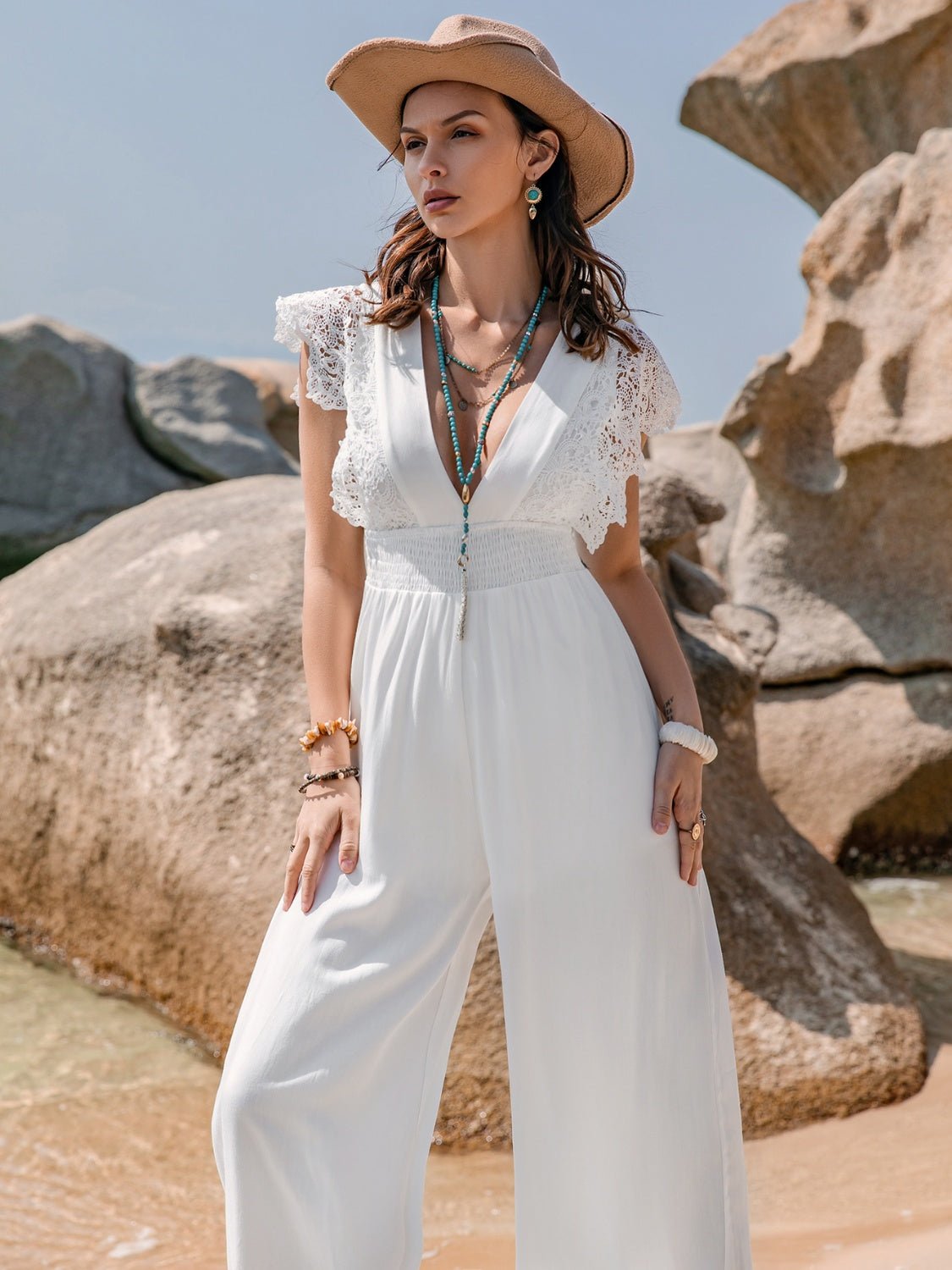 Beach Rose Co.Lace Detail Plunge Neckline Cap Sleeve Jumpsuit in White