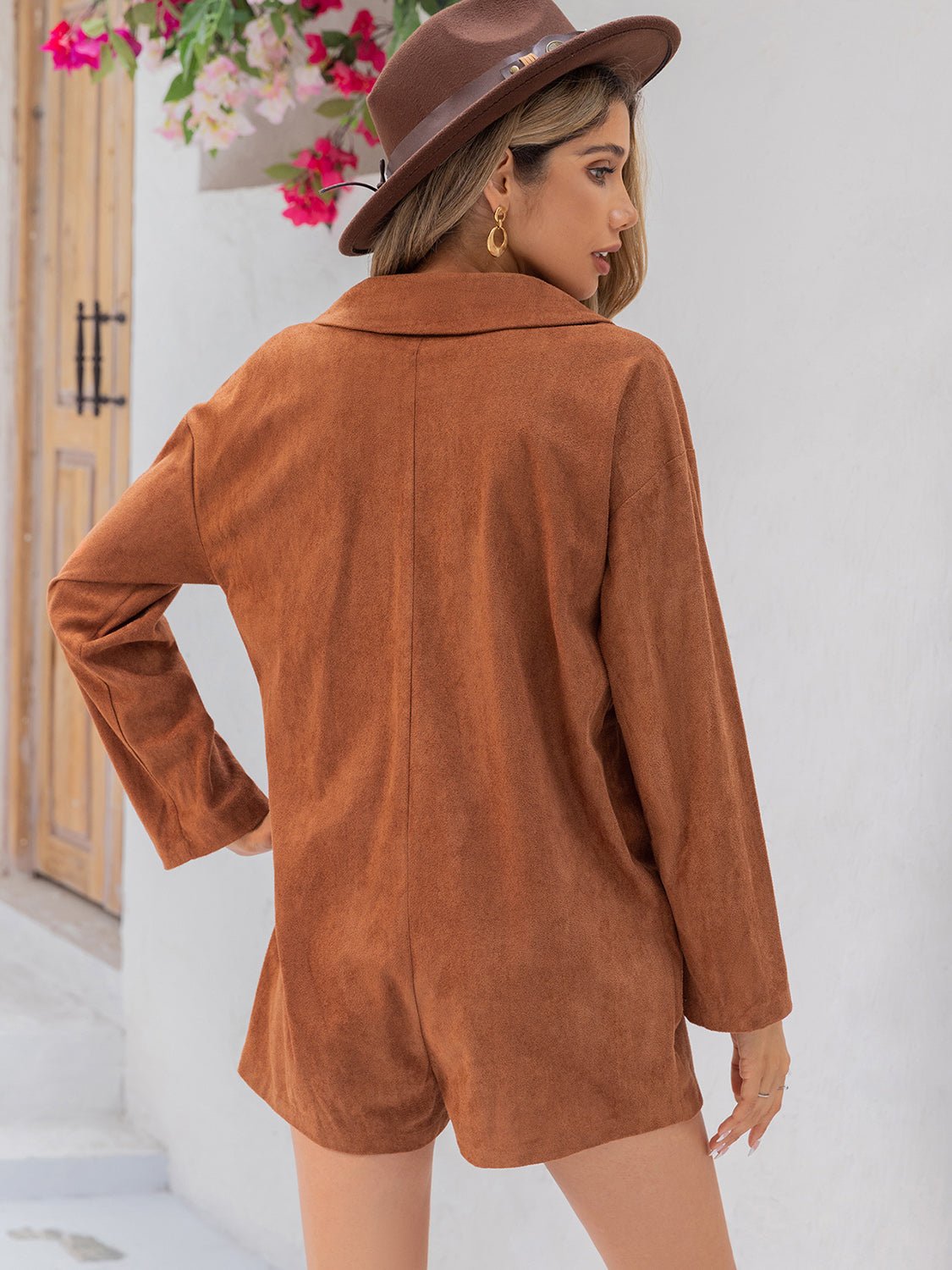 Beach Rose Co.Lapel Collar Long Sleeve Romper in Caramel