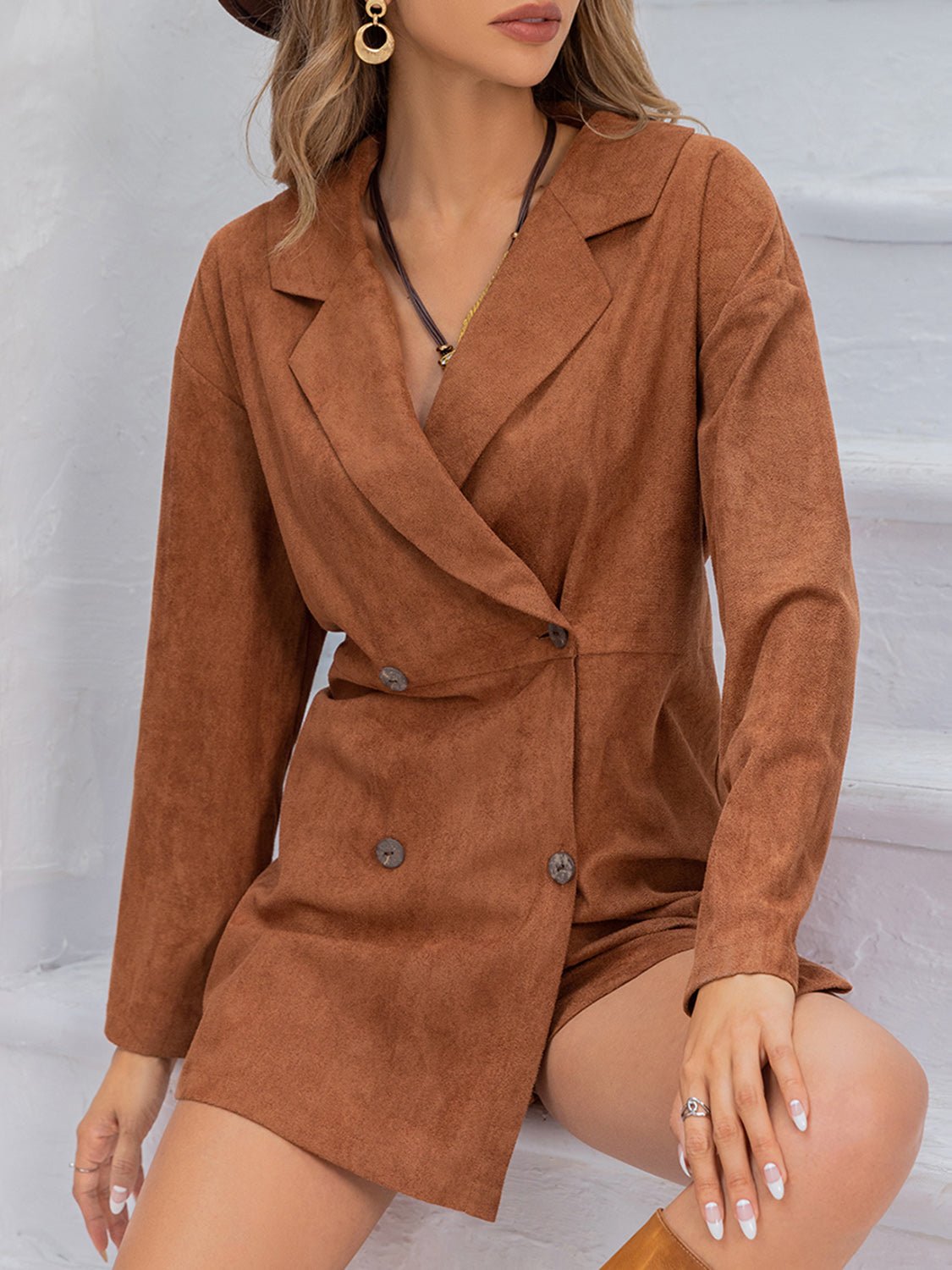 Beach Rose Co.Lapel Collar Long Sleeve Romper in Caramel