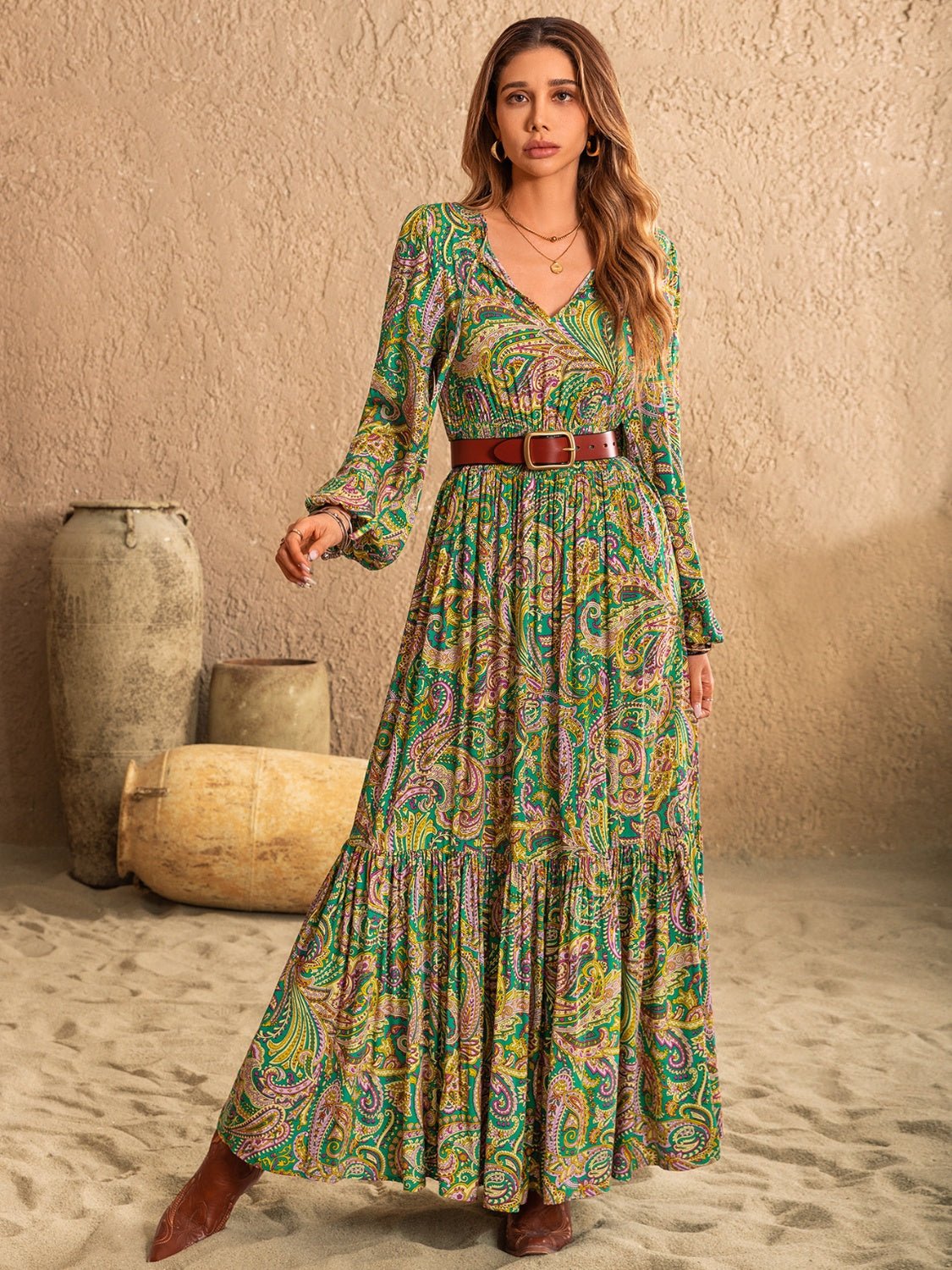 Beach Rose Co.Paisley Print Tie Neck Long Sleeve Maxi Dress in Match Green